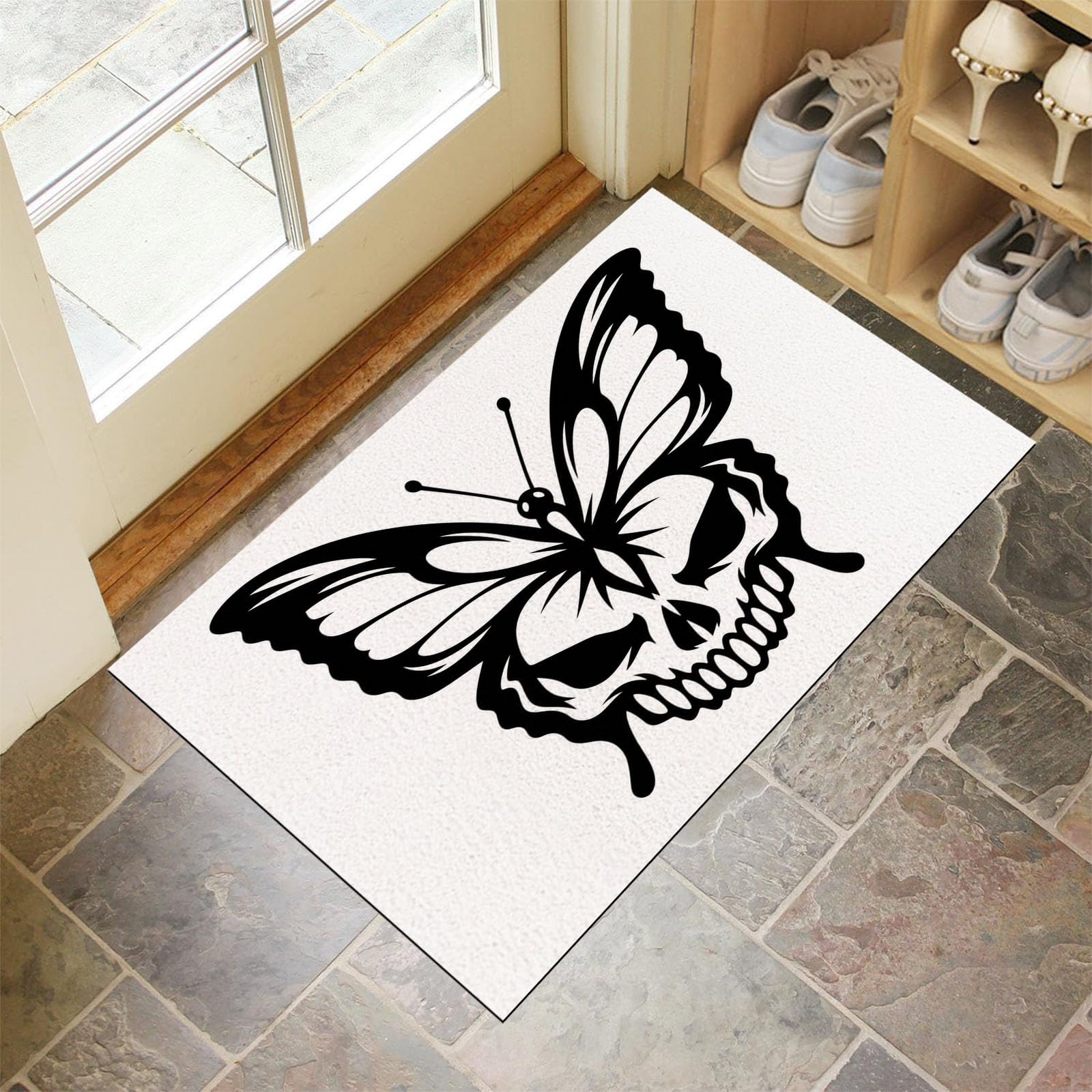 Zerbino Ingresso Interno Teschio Gotico E Farfalla, Zerbino Di Benvenuto Lavabile Morbida Animale Oscuro, Antiscivolo Tappeto Da Decorazioni Beige Per Casa Porta, 60X90Cm
