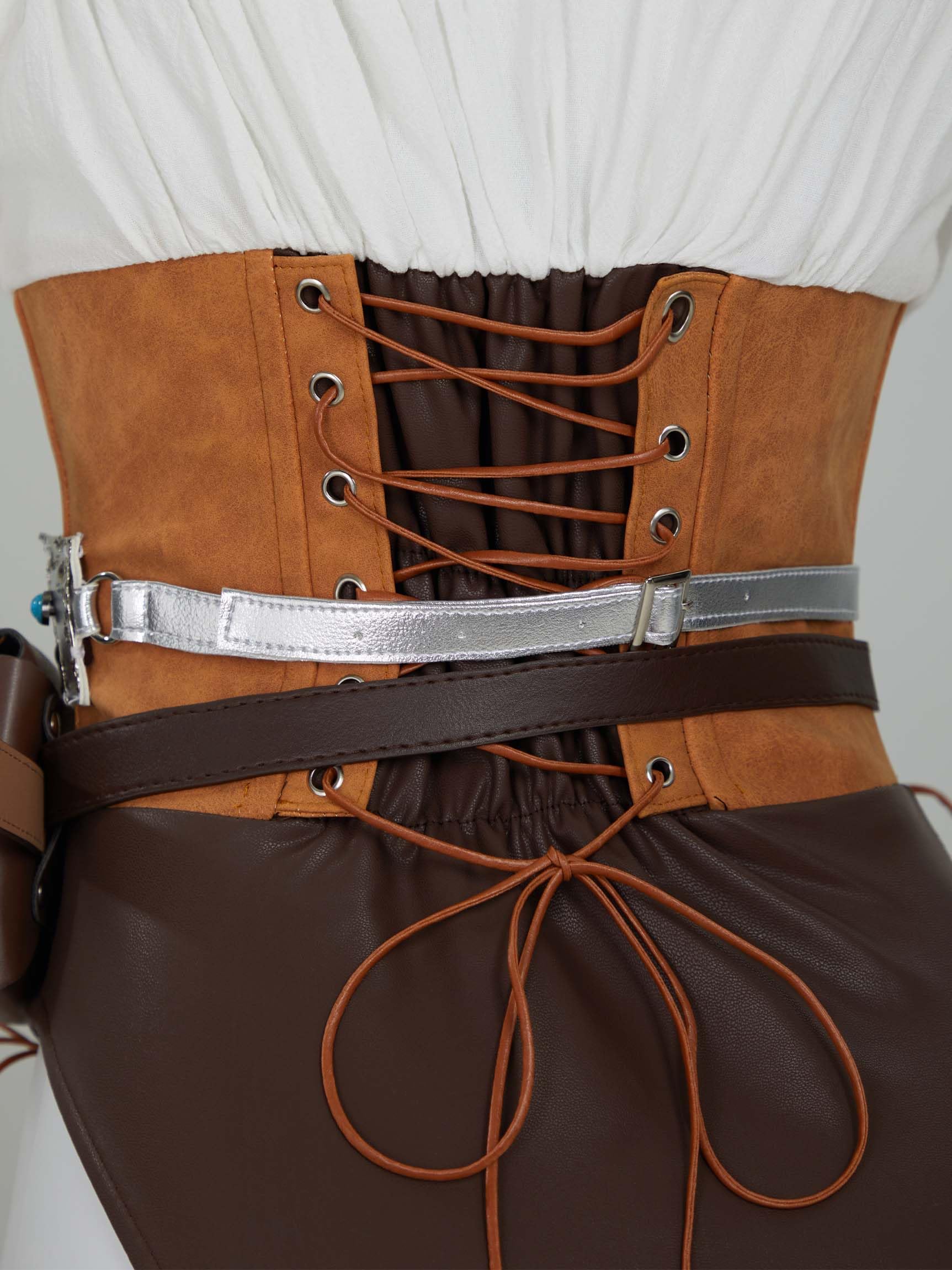 Mobbunny Women's Game Cosplay Costume Sexy Bodysuit Medieval Halloween Lingerie Set Bodycon with Belt Gloves and Bag: Small Brown