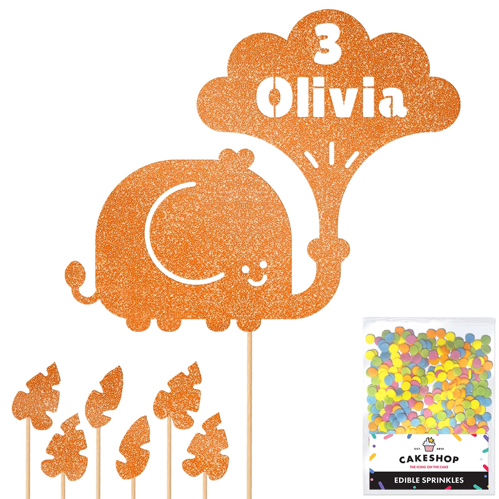 Personalised Jungle Elephant Glitter Cake Topper- Orange Any Custom Age & Name Glitter Cake Decoration and Sprinkles - Happy Birthday Decorations - Personalised Toppers for Cakes by Cakeshop