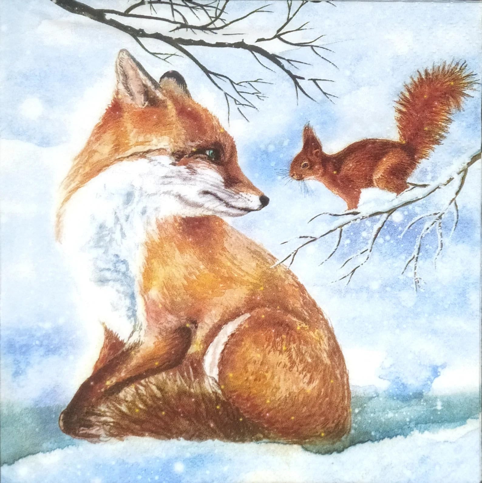 Set of 2 Individual Decoupage Paper Party Napkin Winter Fox Squirrel Snow Watercolor Decor Luncheon Napkins for a Birthday Holiday, Wedding, Cocktail Party
