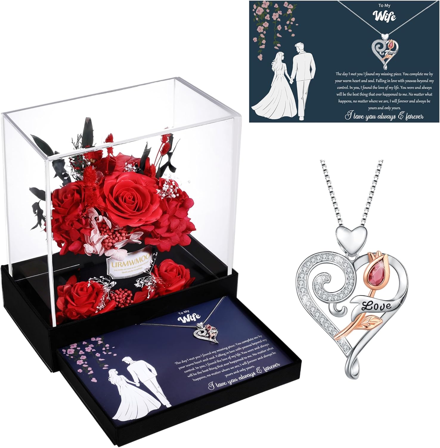 Preserved Red Rose with Mother Daughter Wife Necklace Jewelry Eternal Flowers Rose Birthday Gifts for Women on Birthday Christmas