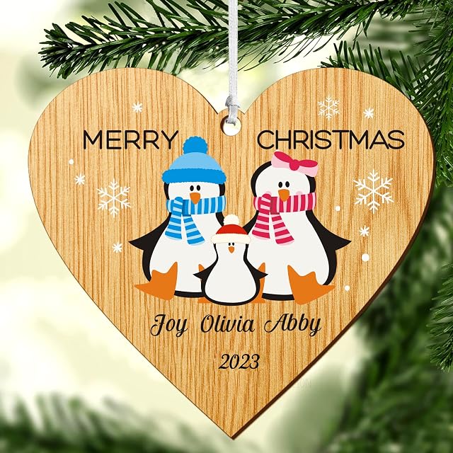 Personalised Christmas Baubles Christmas Tree Decorations Custom 2023 Xmas Family Tree Bauble UV Print Wood Xmas Hanging Ornaments Tree Bauble Decoration (Heart Family of 3)