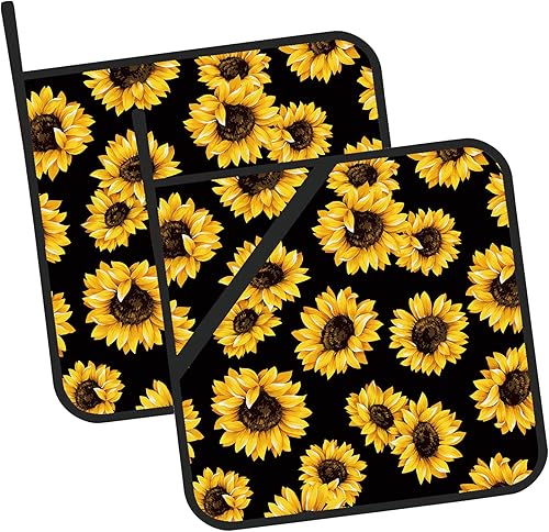 Juego de 2 soportes para ollas florales de girasol, resistentes al calor, para microondas, hornear, horno, platos finales y barbacoa