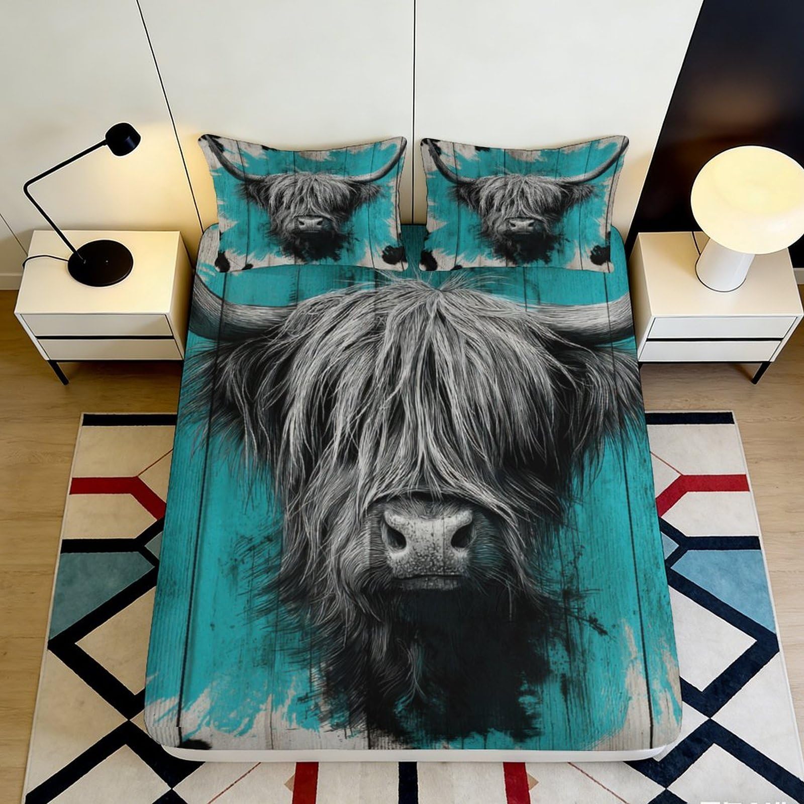 3D Printed Highland Cow Turquoise Fitted Sheet Microfiber Soft Breathable Bull Art Bed Cover for Bedroom Guest Room Decor 140x200x25cm