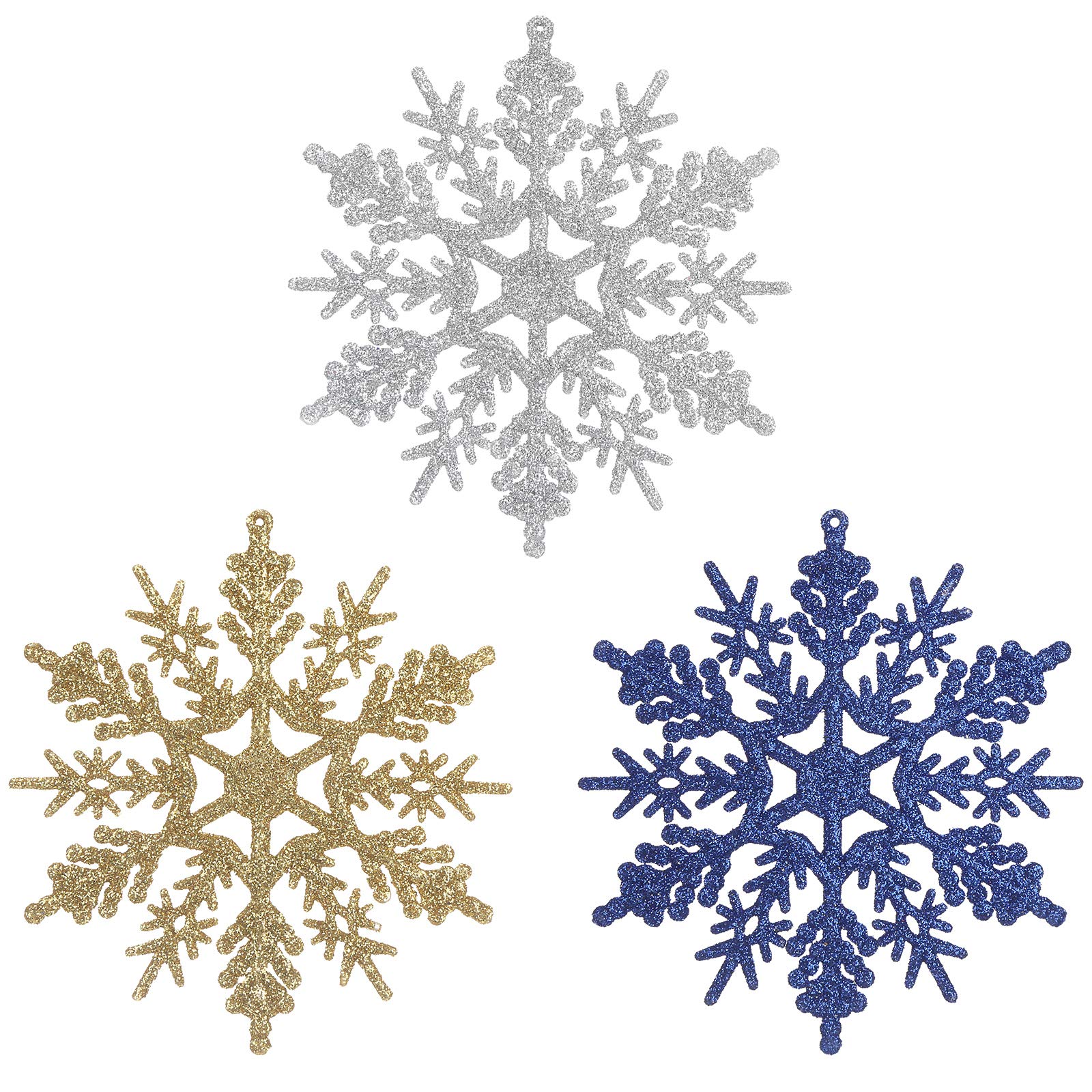 Aitsite Glitter Snowflake Ornaments 12 Pieces, 4 Inch Snowflake Plastic Hanging Crafts for Home Christmas Wedding Holiday Party Decorations(4 Gold + 4 Silver + 4 Dark Blue)