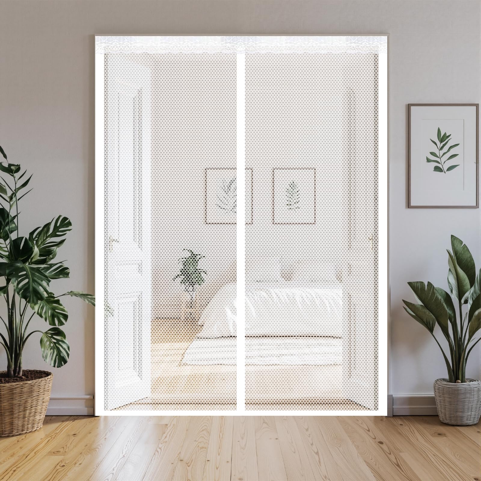 Fly Screen Door 165 x 215 cm Self Sealing Powerful Magnets Fly Insect Screen Door with Powerful Magnets & Full Frame Magic Tape Suitable for Patio Doors Balcony Bedroom, White
