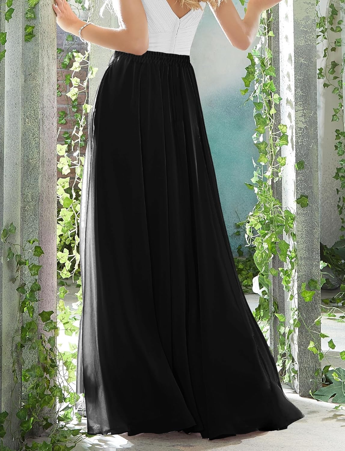 v28 Women Full/Ankle Length Elastic Pleated Retro Maxi Chiffon Long Skirt - Image 2