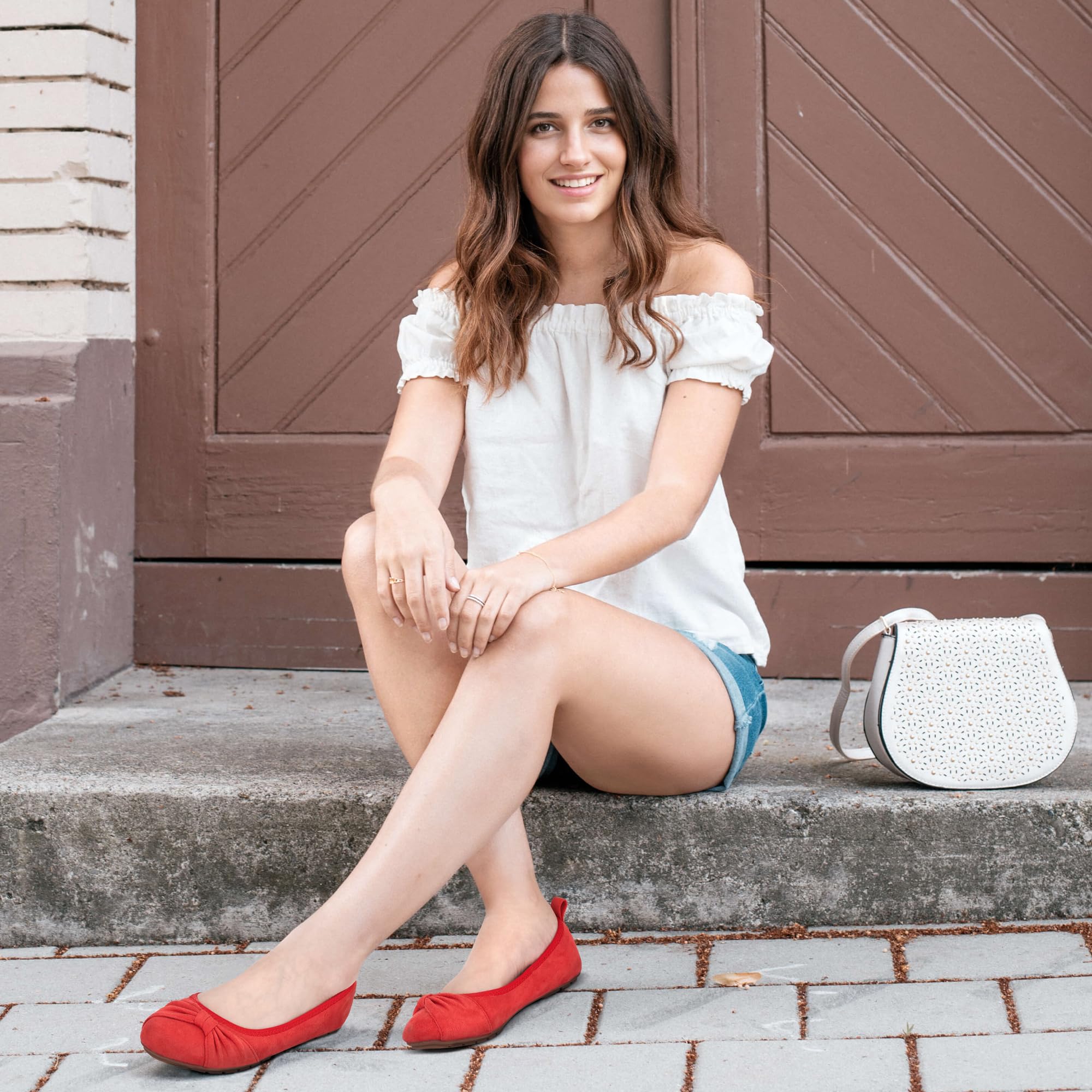 Ecetana Women's Ballet Flats Shoes Dressy Round Toe Bowknot Slip Ons Comfortable Suede Foldable Loafers for Casual Work Business: 7.5 Red