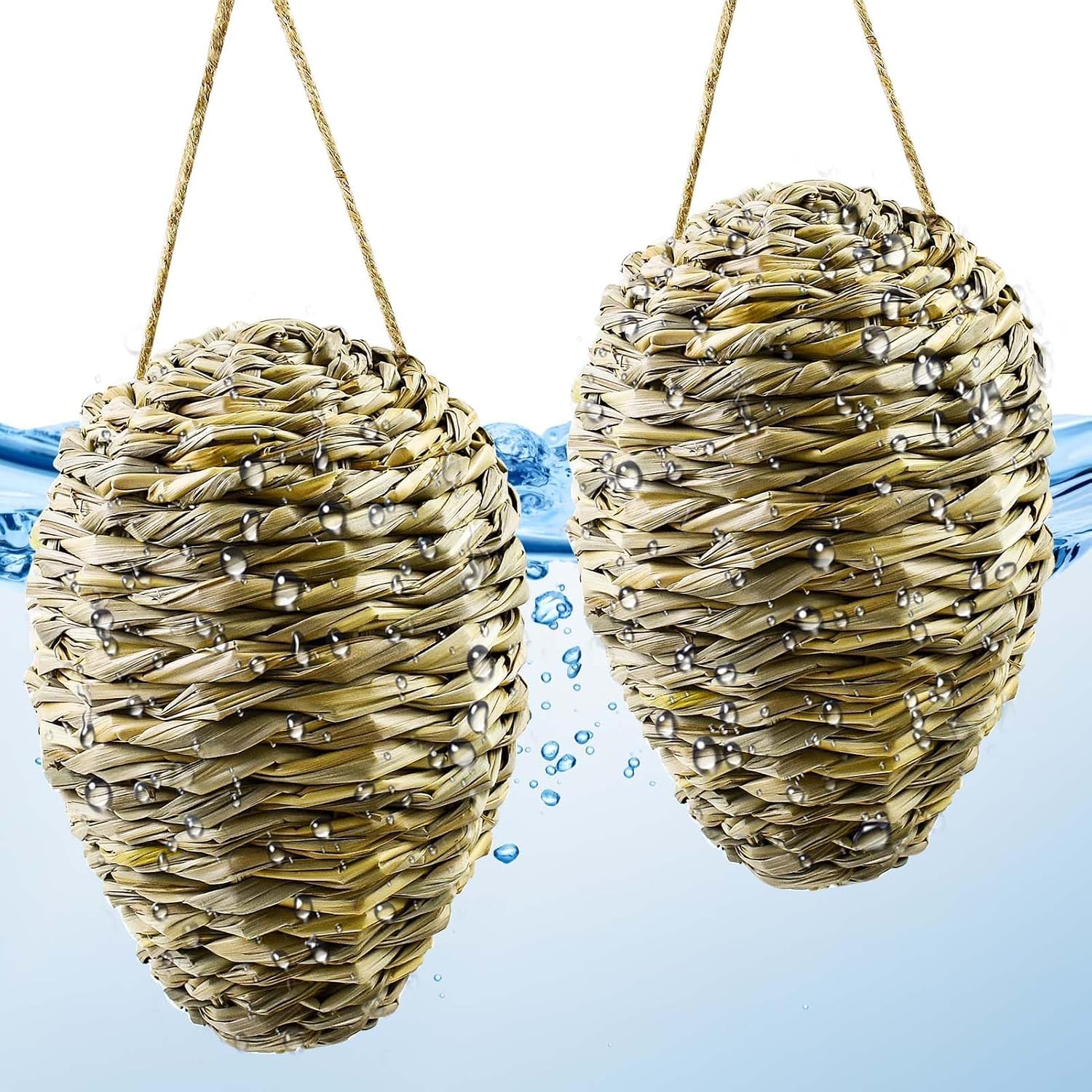 JOAASU Wasp Nest Decoy, 2 Pack Woven Reed Wasp Nest Decoy, 11 x 15 cm Waterproof Hanging Fake Hornet Nests for Wasps & Hornets, Outdoor Artificial Hive for Garden, Patio, Yard, Orchard