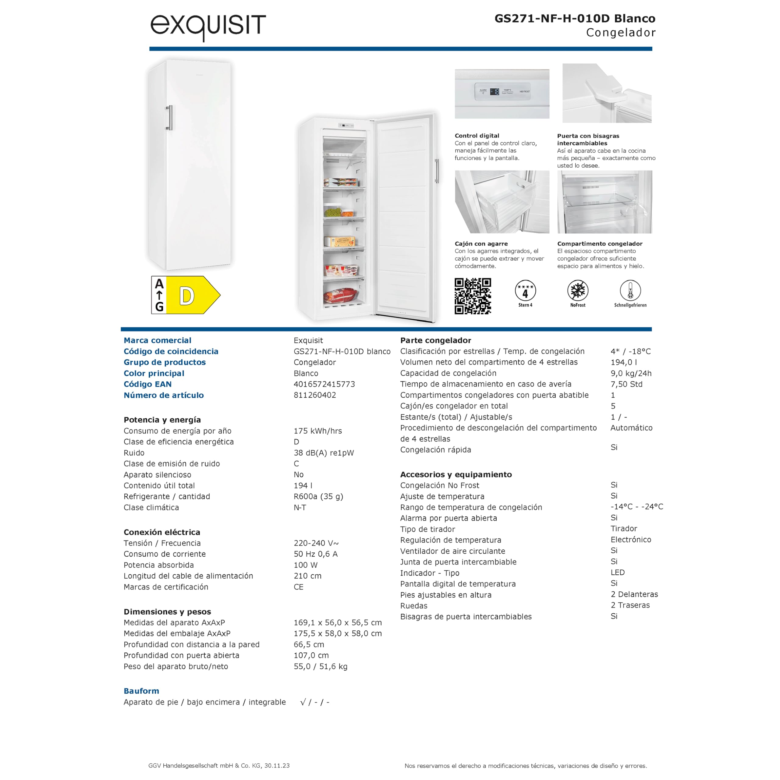 Exquisit® Congelador Vertical 194L, Color Blanco, Clase D, Tecnología No-Frost, Congelación Rápida, Alarma de Puerta, Puerta Reversible, 5 Cajones, Medidas (169,1 x 56,0 x 56,5 cm)