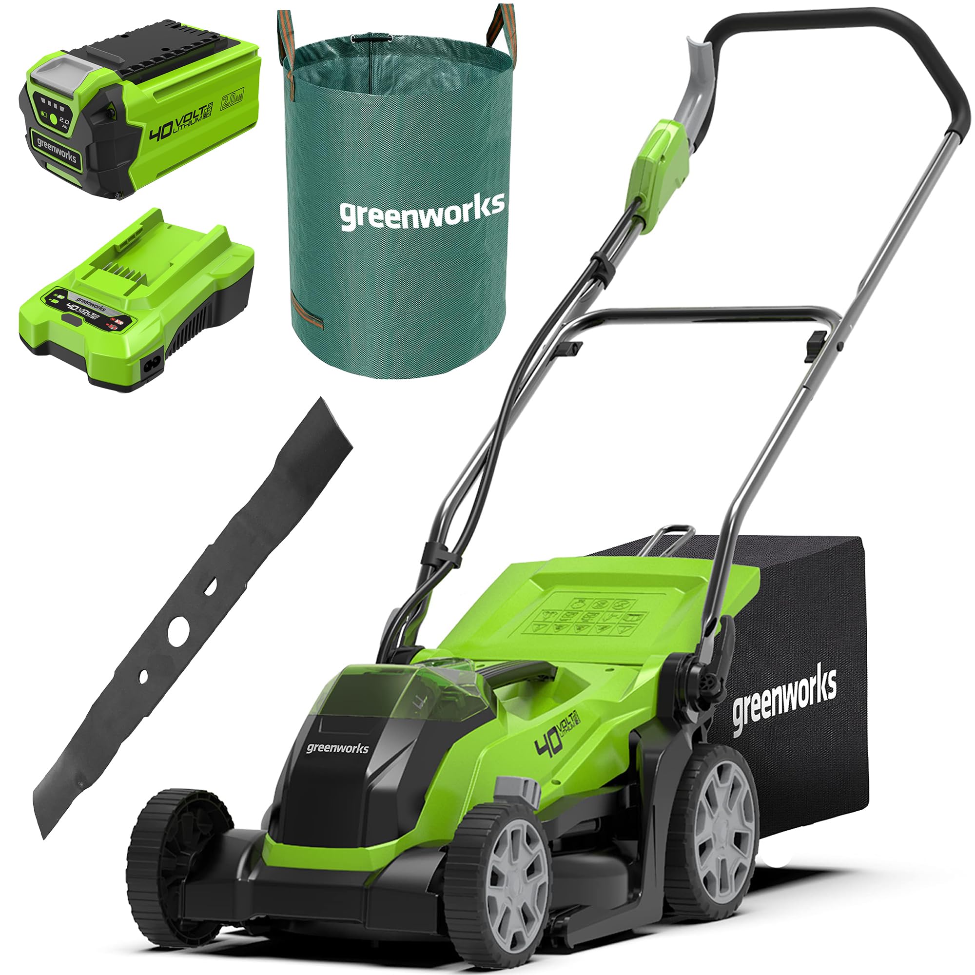 Greenworks 40V Cordless Lawnmower for Lawns up to 400m², 35cm Cutting Width, 40L Bag PLUS Two 40V 2Ah Batteries & One Charger, 3 Year Guarantee-G40LM35K2X, Green — view 19