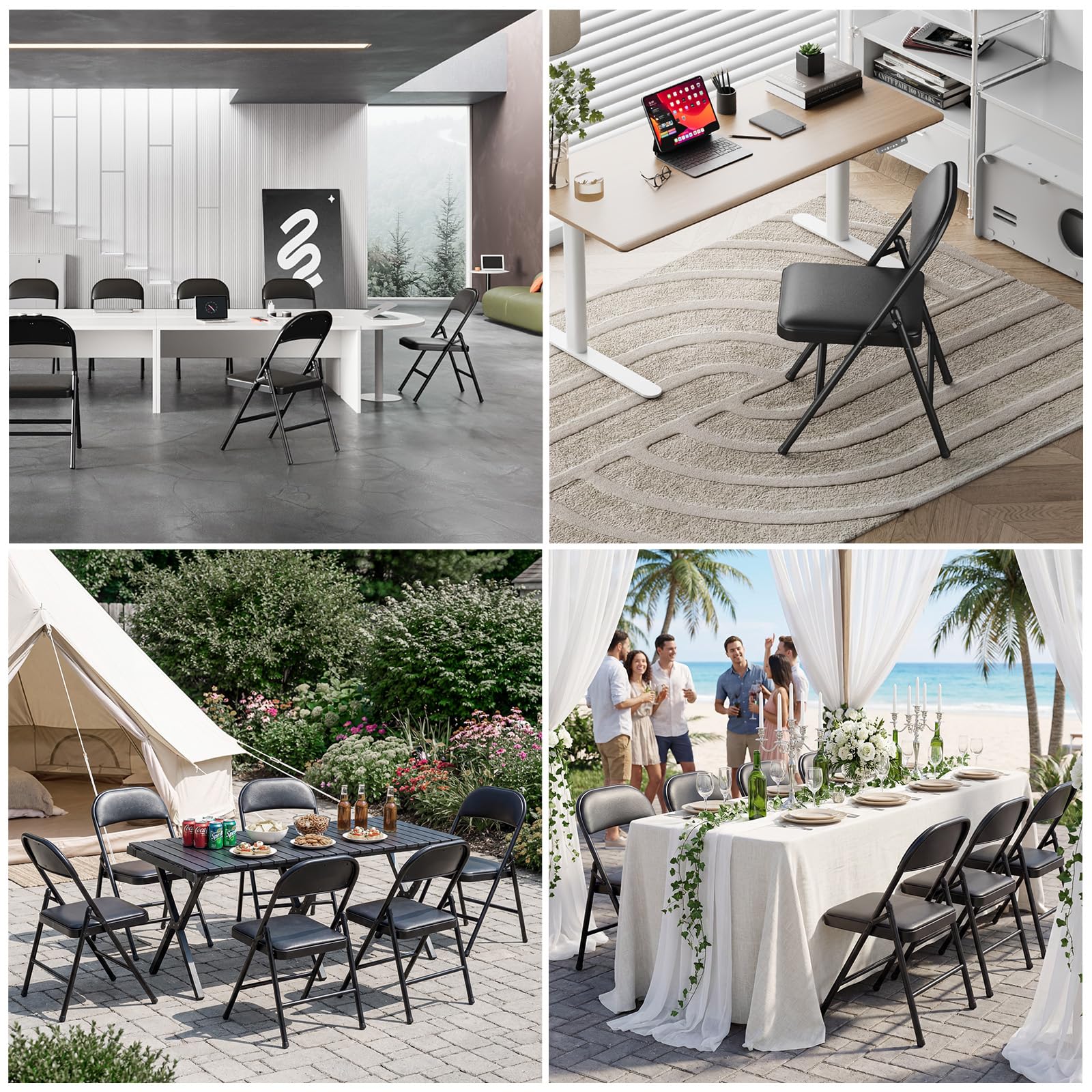 Lot de 6 Chaises Pliantes Rembourrées, Charge 158 kg, Cadre en Acier, Simili Cuir PU, Pliable Gain de Place, sans Montage, pour Salon, Salle à Manger, Camping, Jardin, Réception, Noir