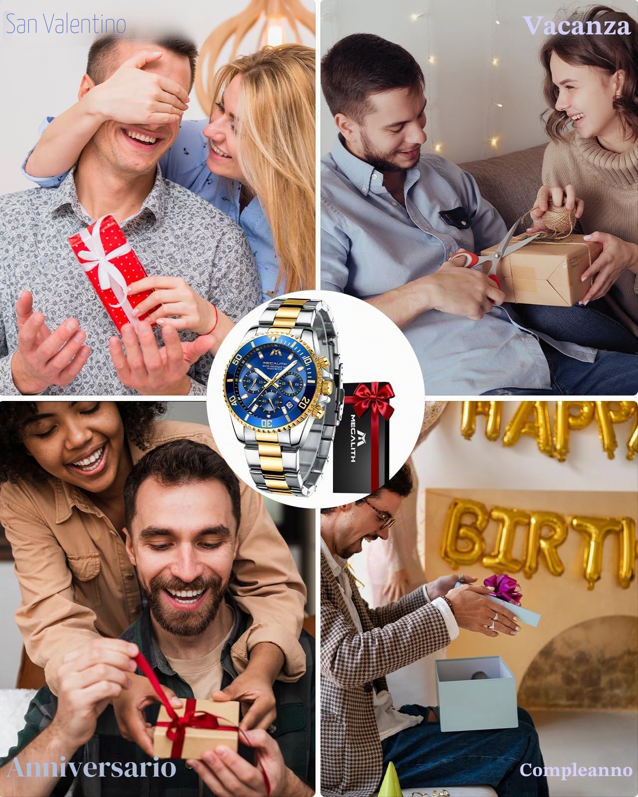 MEGALITH Orologio Uomo Cronografo Acciaio: Elegante Analogico Data Luminose | Orologi Vestito da Polso Quadrante Grande per l'Uso Quotidiano Lavoro - Regalo per Padre Marito Natale Anniversari Matrimonio