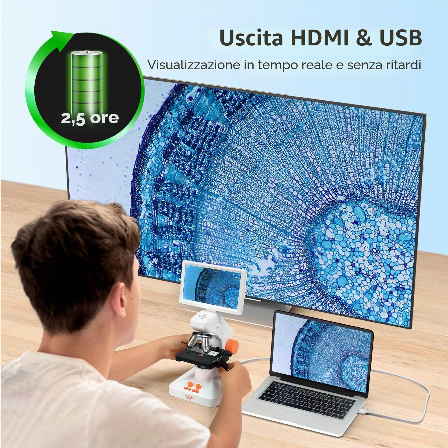 Microscopio Digitale Wireless, MatataStudio MT3-2 1200x Microscopio Biologico Professionale con Schermo LCD 7'' 1080p, X-Y Tavolino, Luce Incidente/Trasmessa 3 Obiettivi 10 Vetrini Scheda SD da 8 GB