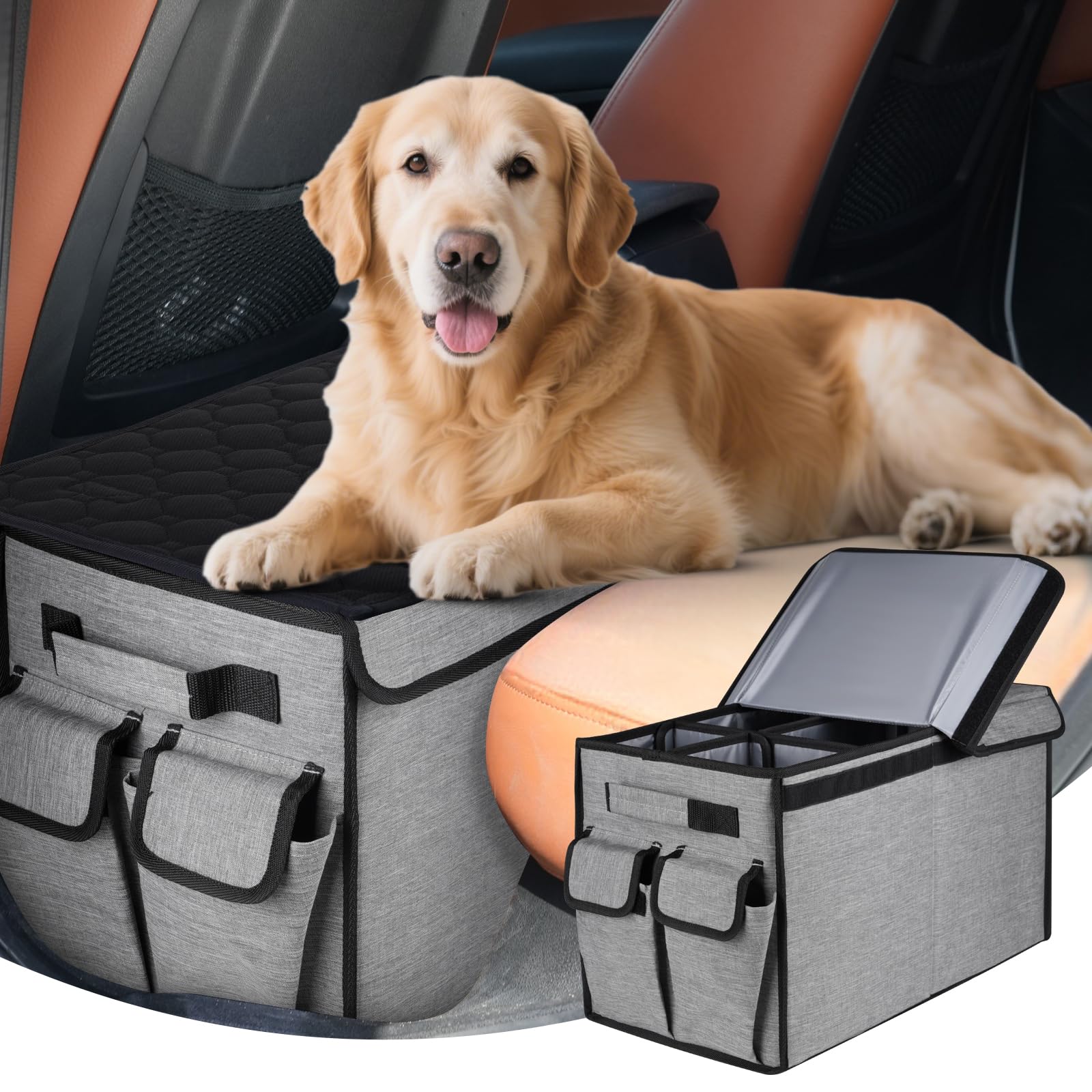 Back Front Seat Extender for Large Dogs Up to 200 Lbs, Adjustable Dog Back Seat Extender with Cushion & Storage Box, Car Organizer Gap Filler for Front or Back Seat,Gray