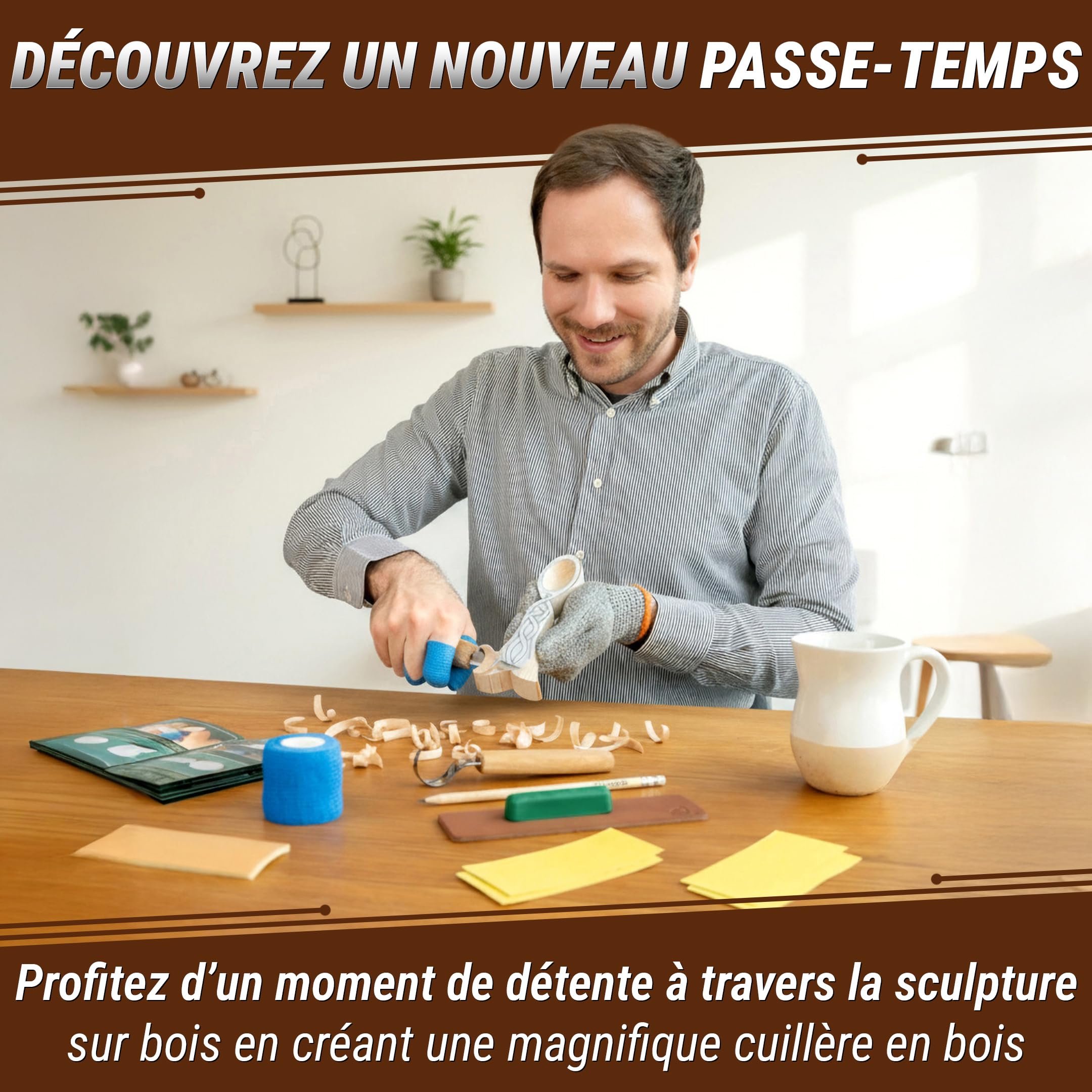 BeaverCraft DIY04 Kit de sculpture de cuillères en bois pour débutants – Ensemble de couteaux Sloyd et crochet, ébauche en tilleul – Kit de sculpture sur bois pour adultes et enfants