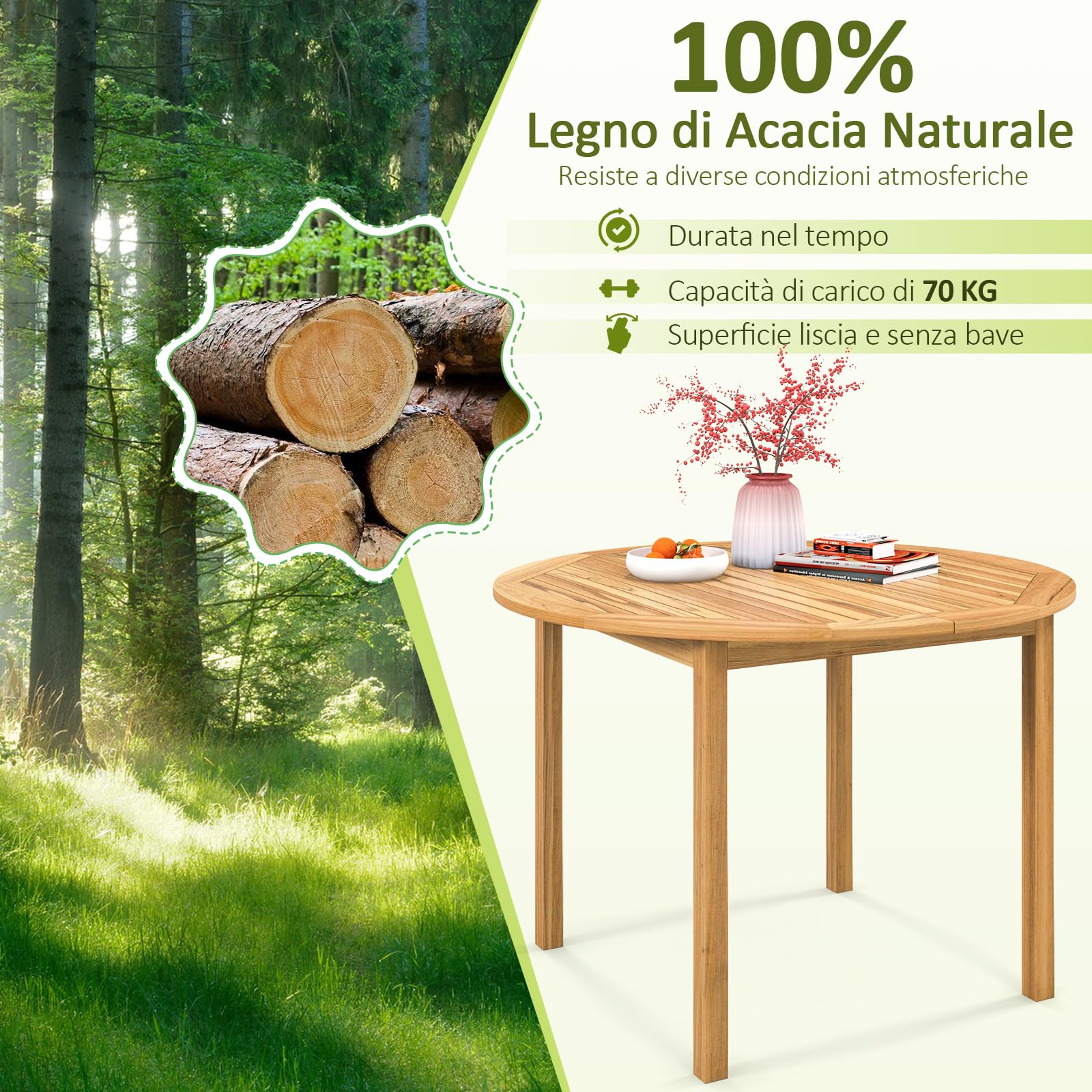 COSTWAY Tavolo da Pranzo Rotondo Giardino, in Legno di Acacia, per 4 Persone, Tavolo Pranzo per Esterno e Interno, Portata 75 kg, 100 x 100 x 75 cm