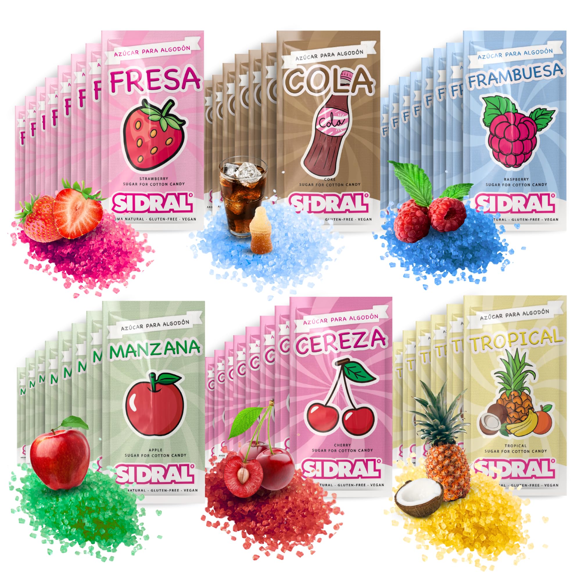 SIDRAL - 1000 grs. / 50 monodosis Degustación - Azúcar para Maquina de Algodón, Azucar de Sabores - 6 Sabores: Fresa, Manzana, Cereza, Cola, Tropical y Frambuesa (sabores)