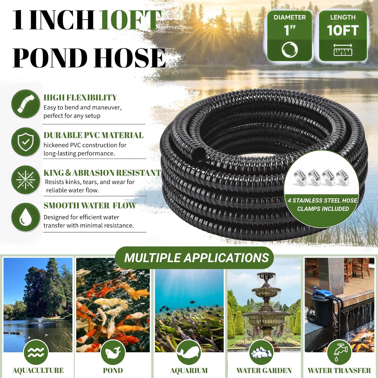 Black Corrugated Flexible PVC Pond Tubing Hose, ID 1"× 10FT Length, Suitable for Pond Piping,Irrigation, and Water Gardens, with 4 Stainless Steel Clamps (10FT, 1, Inches)