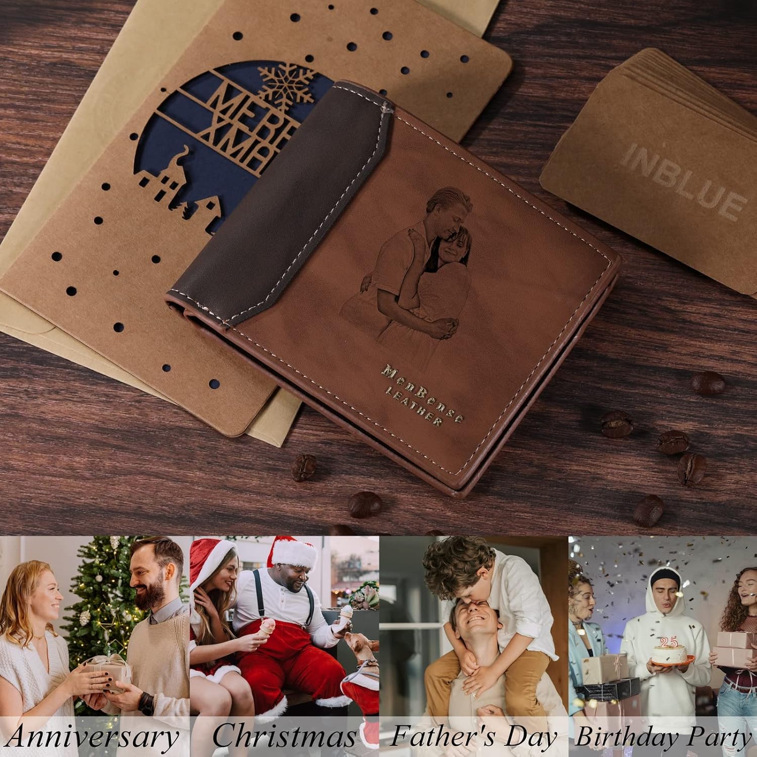 INBLUE Personalized Engraved Bifold Wallet, Custom Leather Wallet with Photo & Text Engraved, Gifts for Men Husband Dad Son Groomsmen(S4 Brown)