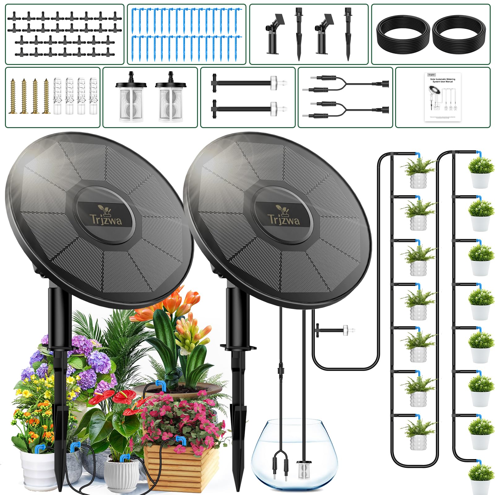 Paquet de 2 Kit Arrosage Automatique Solaire, 2200mAh Arrosage Automatique Systeme, Programmateur Arrosage Solaire Exterieur pour Pot Fleur avec 15M Tuyau Arrosage et Détection Du Niveau D'eau