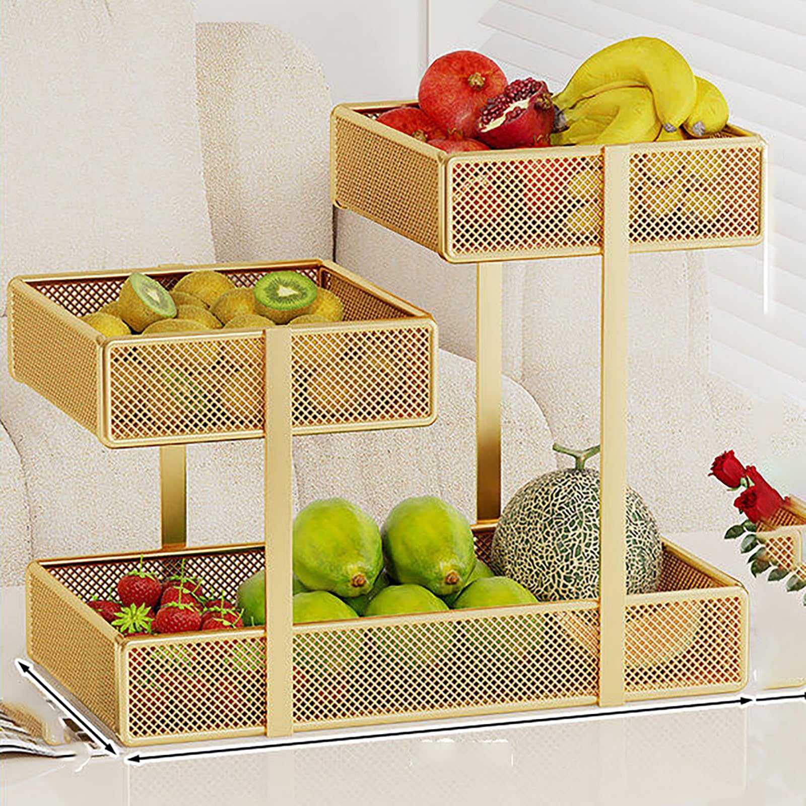 YYLMKMFC-AE 3-Tier Fruit Basket Bowl For Kitchen Counter, Metal Wire Vegetable Storage Holder Stand, Large Capacity Mesh Produce Organizer(Gold)