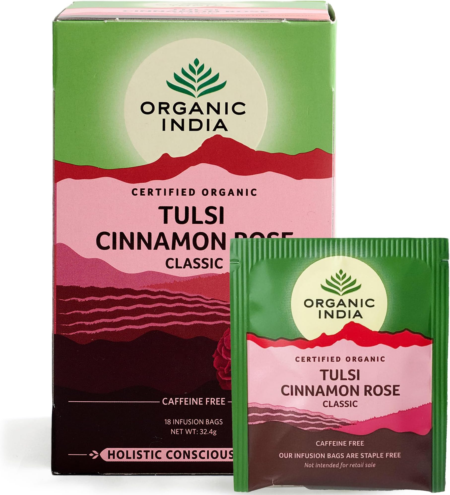 Organic India Tulsi Cinnamon Rose Tea - Organic Tulsi, Rose & Ceylon Cinnamon Infusion - Warm & Aromatic Herbal Blend with Floral Notes - Caffeine-Free for Comfort - 18 Individually Wrapped Tea Bags
