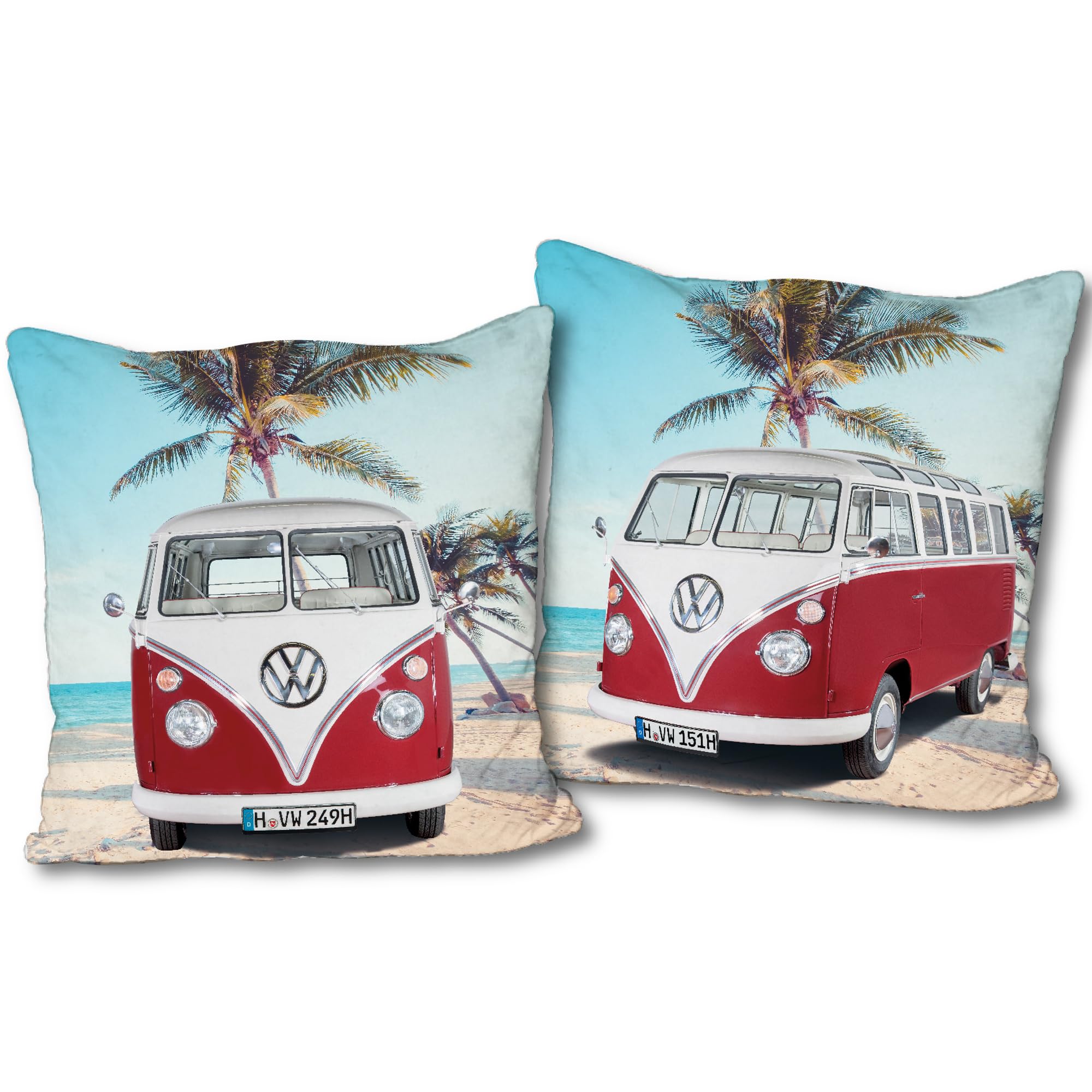Coussin réversible VW Volkswagen T1 rouge pour raviver un canapé terne avec le style Bulli