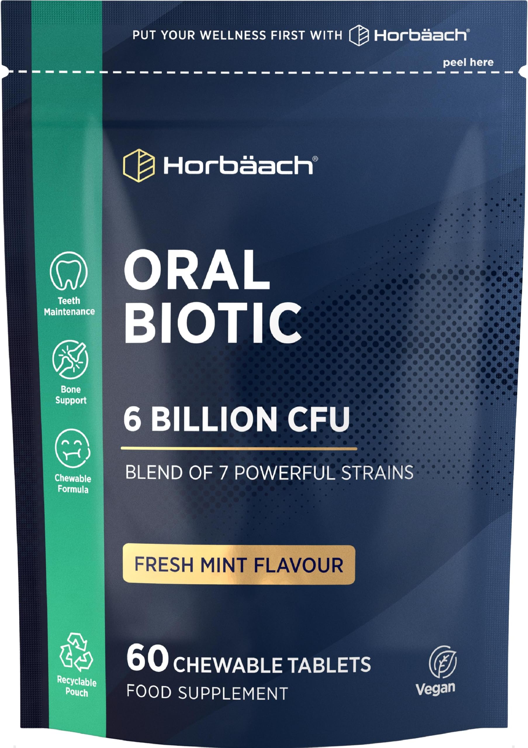 โ Oral Biotic for Mouth 6 Billion CFU | Advanced Dental Biotics for Adults | 7 Strains Including Lactobacillus Reuteri | 60 Vegan Chewable Tablets | Mint Flavour | by Horbaach