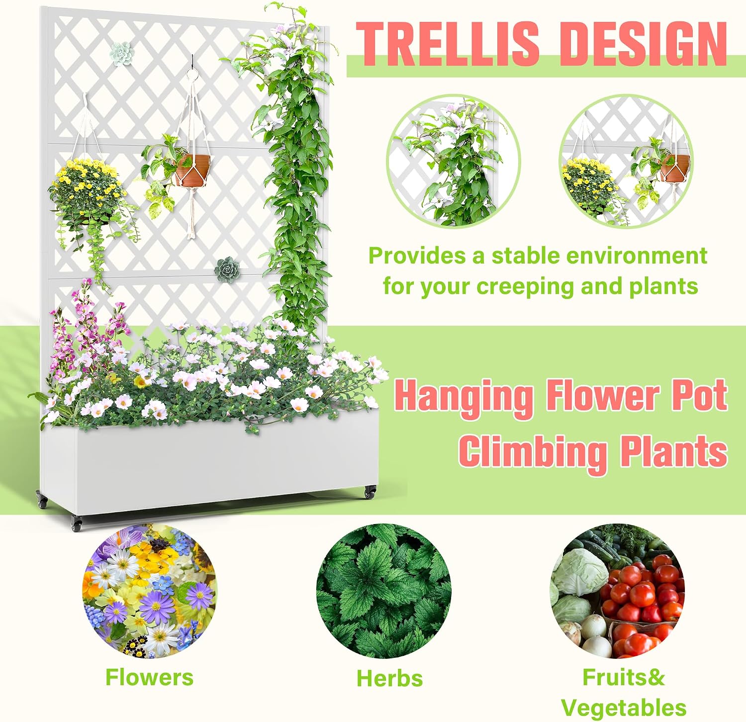 Metal Planter Box with Trellis, Raised Garder Bed with Drainage Hole, Privacy Screen & Trellis for Climbing Plants, Outdoor Plant Stands, 47''L×17''W×73''H, White