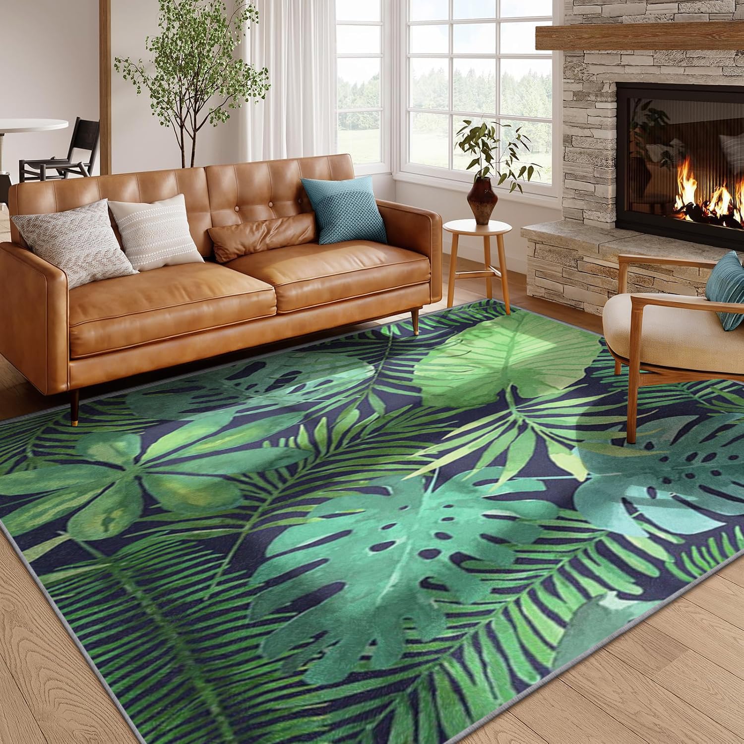 SMXVRC Tropical Jungle Green Leaf Area Rug, 140x200cm, Soft Palm Leaf Pattern Absorbent Washable Pet-Friendly Carpets, Noise-Reducing Area Rugs for Bedroom Kitchen