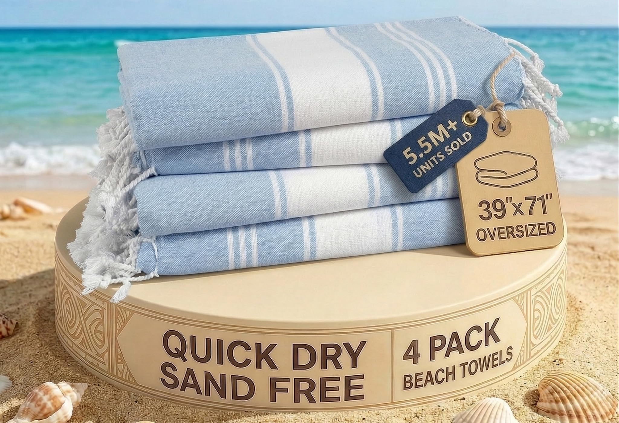 Lane Linen Sky Blue Oversized Turkish Beach Towels – 4 Pack, 39"X71" Cotton Rich & Quick Dry Travel Towels For Adults, Lightweight & Pre-Washed For Soft Feel,