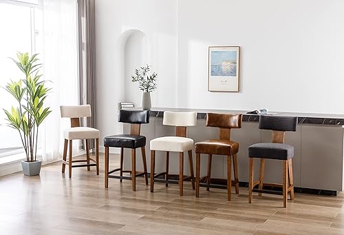 Miniatura 7 de Juego de 2 taburetes de bar tapizados de piel sintética de 26 pulgadas de alto, con respaldo curvado y patas de madera para isla de cocina, color