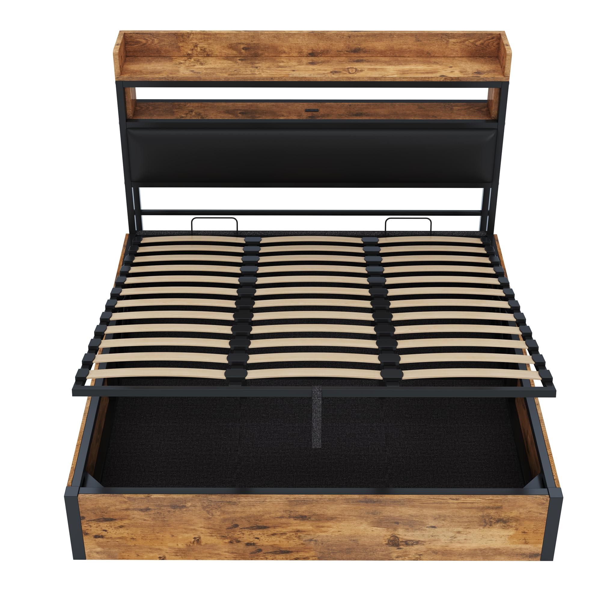 Letto 180 x 200 con sollevamento idraulico, USB, testata imbottita, design vintage in legno e metallo, spazio di archiviazione nascosto per letto matrimoniale. Mobili moderni per camera da letto