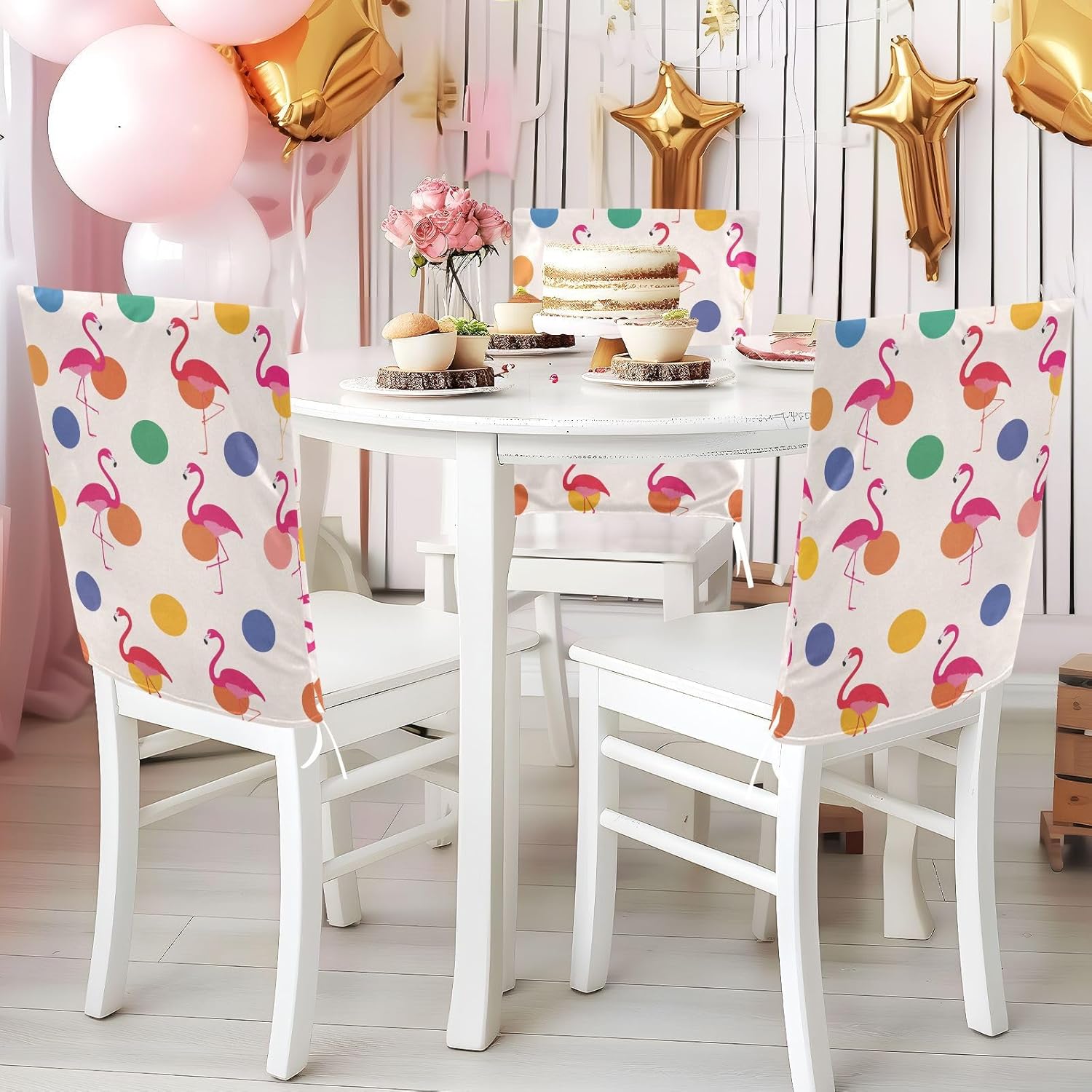 ALAZA Flamingo Polka Dots Chair Back Cover Set of 6, Washable Reusable Removable Chair Slipcovers Decorative Chair Cover for Home Kitchen Wedding Party