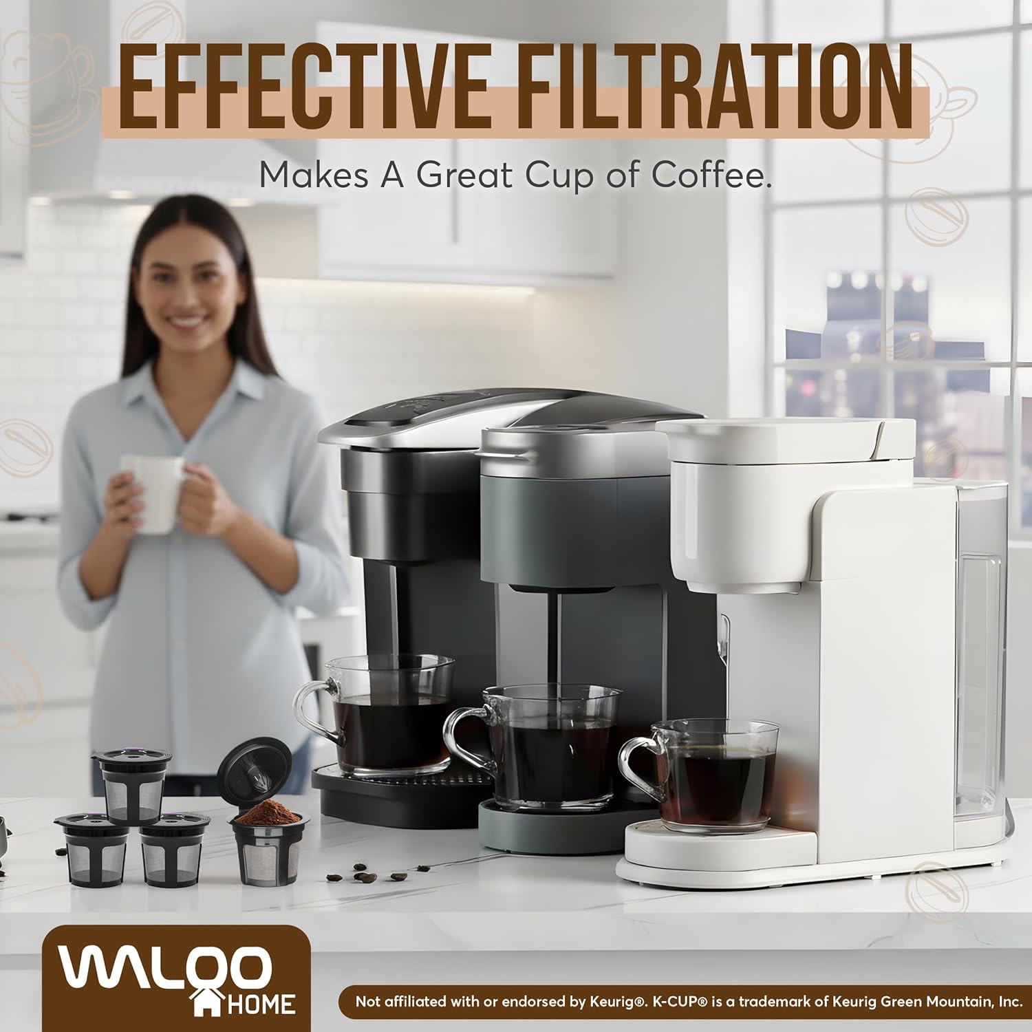 Waloo Reusable Single Serve Coffee Pods - Compatible with Coffee Brewers - Universal Coffee Filters - Eco-Friendly Stainless Mesh Refillable K-Cups - 2, 4 & 6 Pack - Dishwasher Safe (6 Pack - Black)