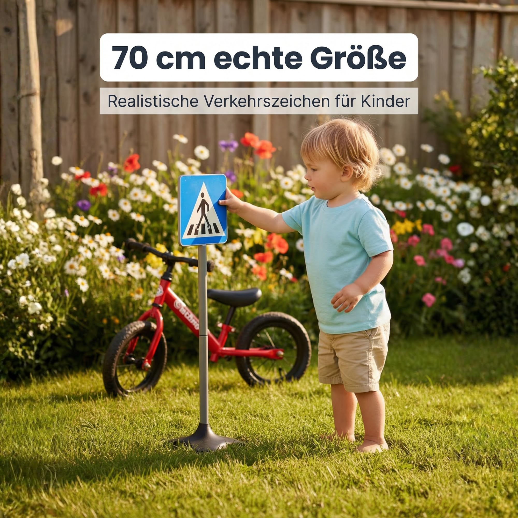 Verkehrsschilder Kinder Set (5 Stück, 75 cm) – Verkehrszeichen Spielzeug für Kinder – Verkehrserziehung Spielzeug für Garten & Kinderzimmer – Straßenschilder Spielset für Laufrad, Fahrrad & Kettcar