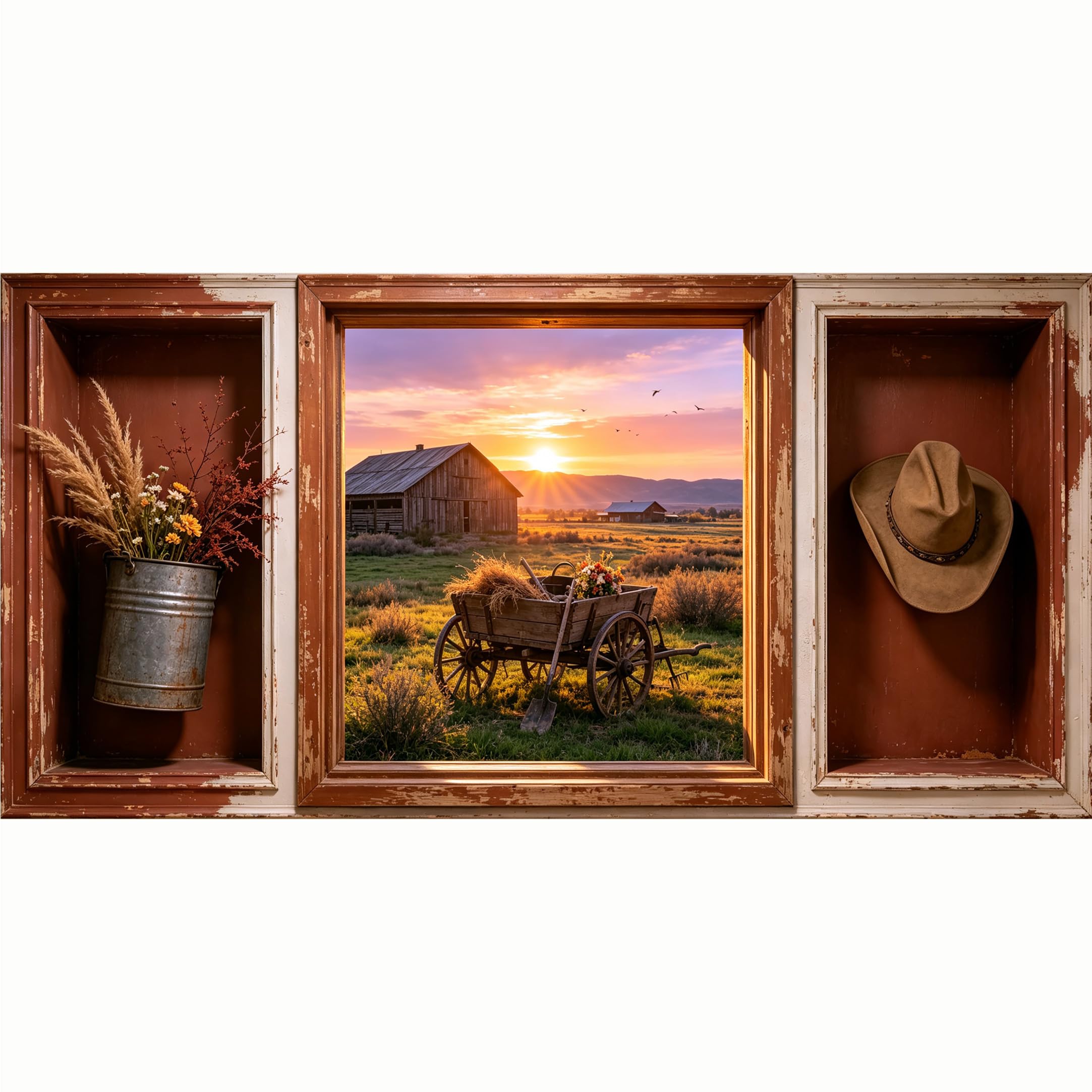 QZLITHOTIC 50x100cm 3D Framed Wall Art， Sunset Farmhouse Barn Wagon Cowboy Hat Self‑Adhesive Mural， Water‑Activated Peel & Stick Fabric Decor Wall Decal for Bedroom Living Room
