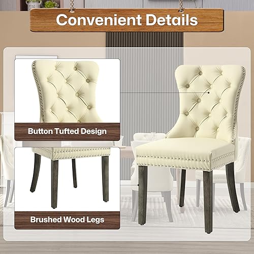 Miniatura 20 de Juego de 2 sillas de comedor, sillas de terciopelo copetudas con patas de acero inoxidable doradas, anillo de metal con ribete de remache, respaldo
