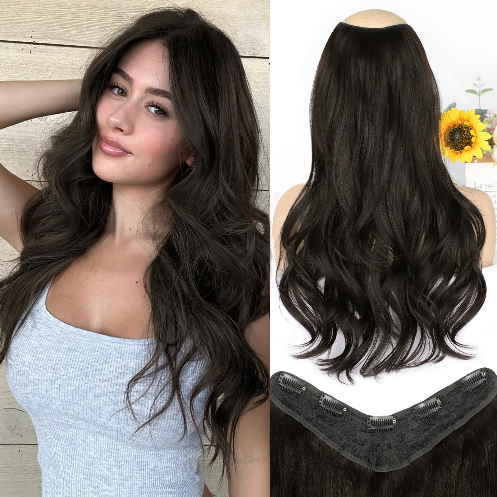 Long Wavy Hair Extensions for Women, Clip in Hair Extensions Clip Ins Soft Full Head Synthetic Hairpieces 20 Inch Black Brown