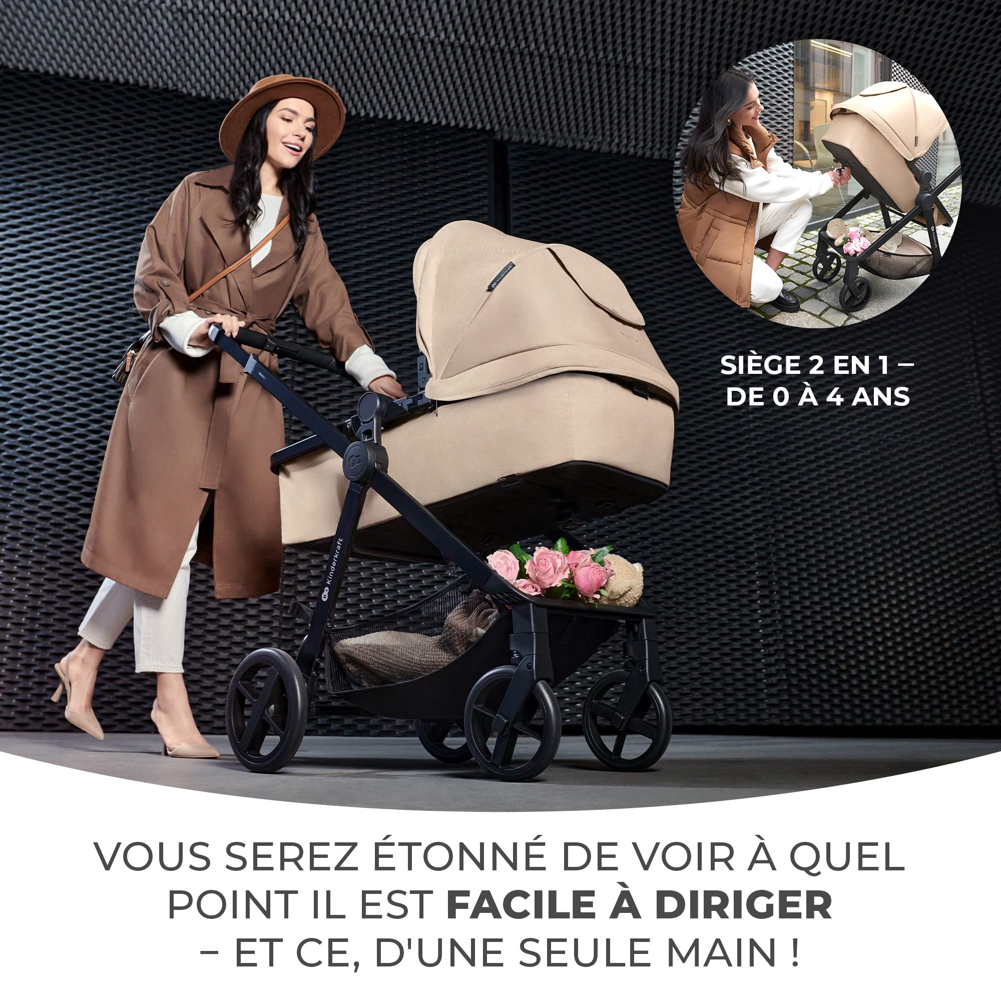 Kinderkraft NEWLY 3 en 1 Poussette, Avec Siège Auto MINK PRO I-Size 2 en 1 360 degrés, Poussette Canne, Trio, SYSTÈME DE VOYAGE, Landau Bébé, Accessoires, Adaptateurs, Nacelle, Jusqu’à 22 kg, Noir