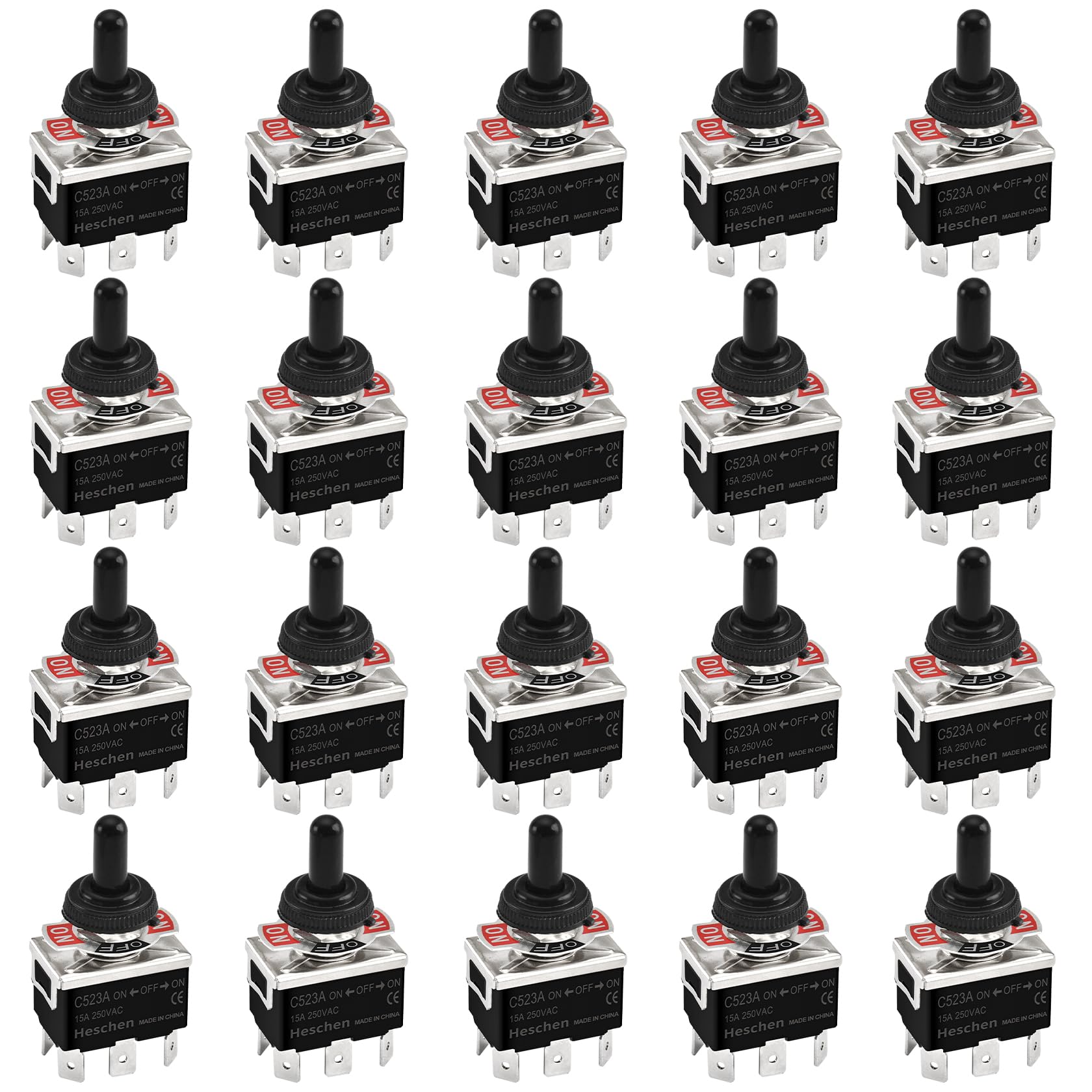 Heschen Metalowy przełącznik dźwigniowy, C523A, DPDT, światło ciągłe, wł./wył., 3 pozycje, 15 A 250 V AC, 6 płaskich wtyczek, CE, z wodoodporną nasadką (20)