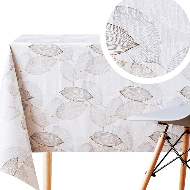 KP HOME Grey in Silver Brown Leaves PVC Table Cloth Wipe Clean Tablecloth - Botanical Leaf Pattern Wipeable Table Cloth Rectangle 200x140 Oilcloth Tablecloth Waterproof Table Cover Plastic Tablecloth