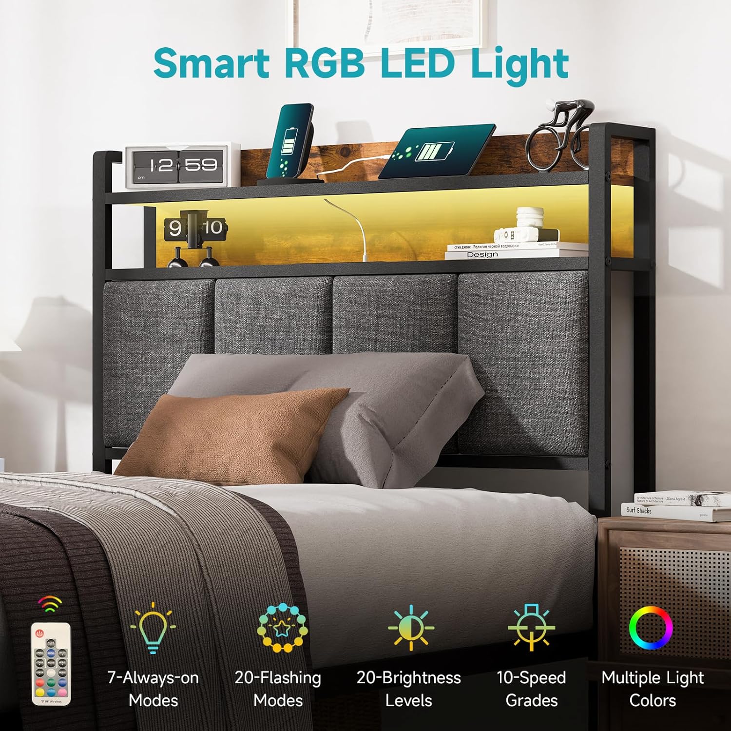Easy Assembly Twin Bed Frame with LED Light &Charging Station, Metal Platform Bed with 2-Tier Shelves & Under Bed Storage, Upholstered Headboard&Footboard,No Box Spring Needed,Noise Free,Vintage Brown