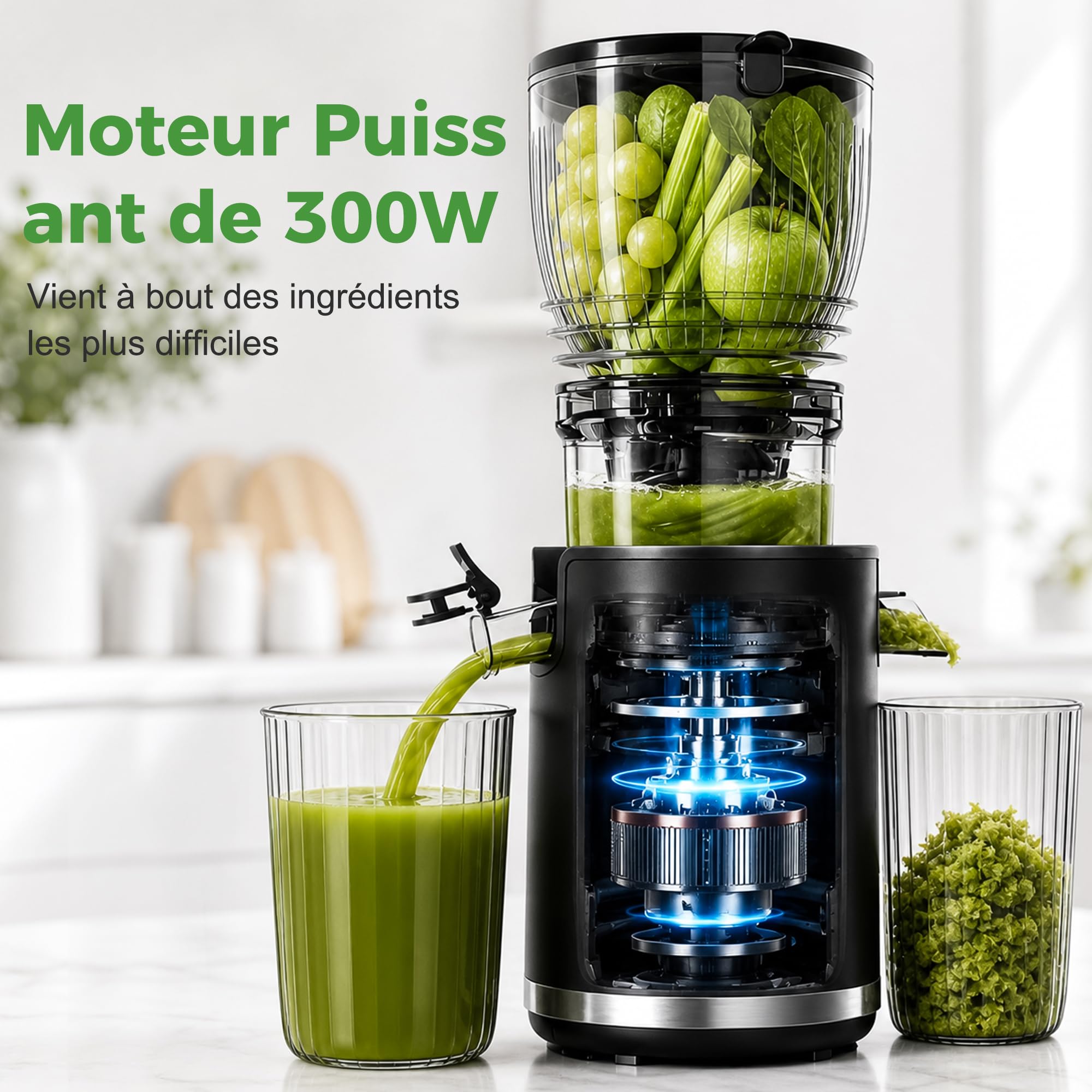 YASHE Extracteur de Jus Lent 300W, Goulotte 148 mm pour Fruits et Légumes Entiers, Slow Juicer avec Fonction Inverse, Moteur Silencieux, Sans BPA, Nettoyage Facile