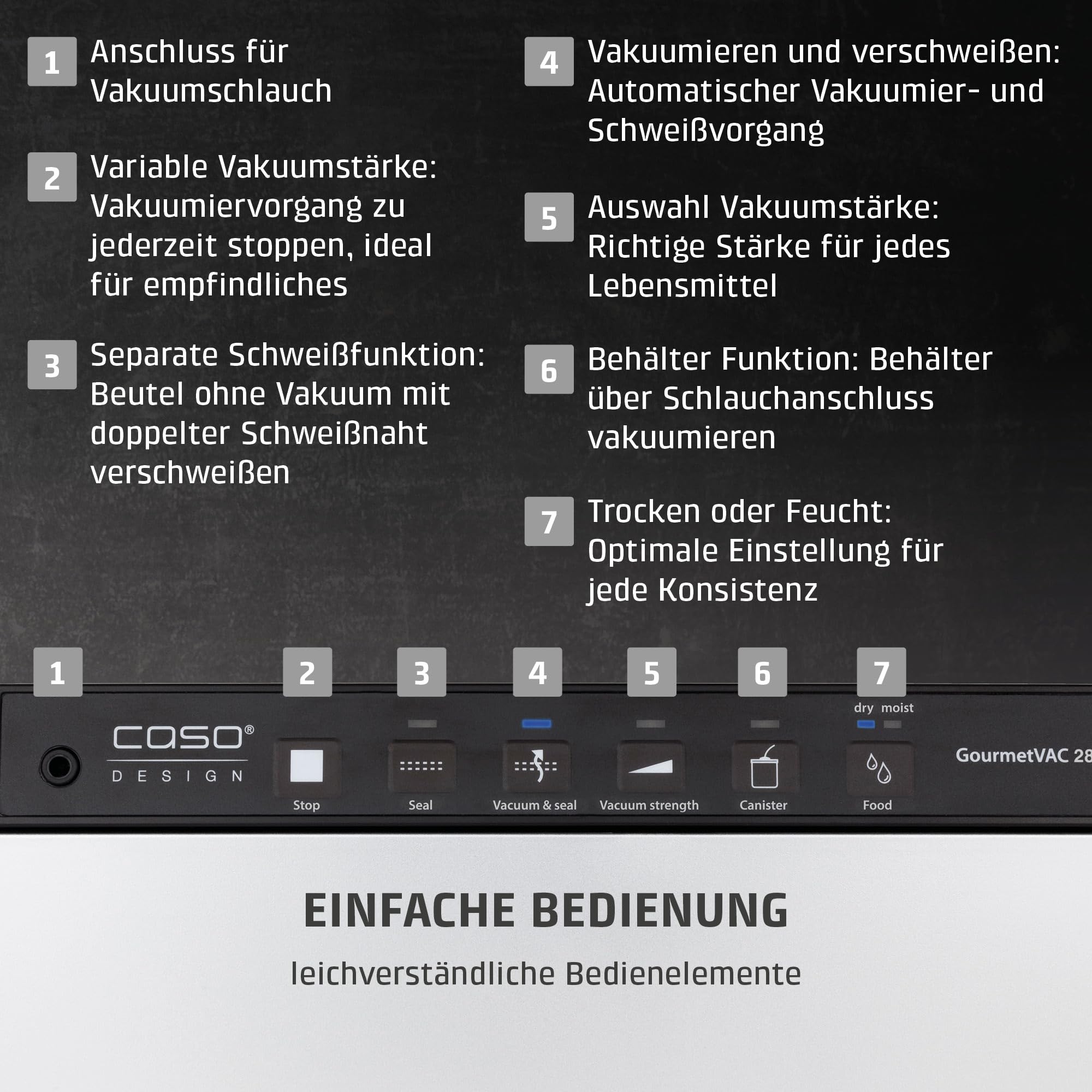 CASO GourmetVAC 280 Vakuumierer, doppelte Schweißnaht, Kolbenpumpe 15L/min, regulierbare Vakuumstärke
