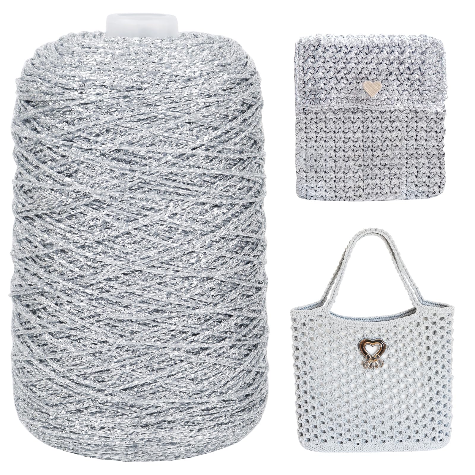 Uiopa Metallic Macrame Cord 2mm x 1000m, Silver Glitter Yarn for Crocheting Bags, Polyester Cord Sparkle Macrame Yarn for Crocheting Pendants, Home Decor, DIY Crafts