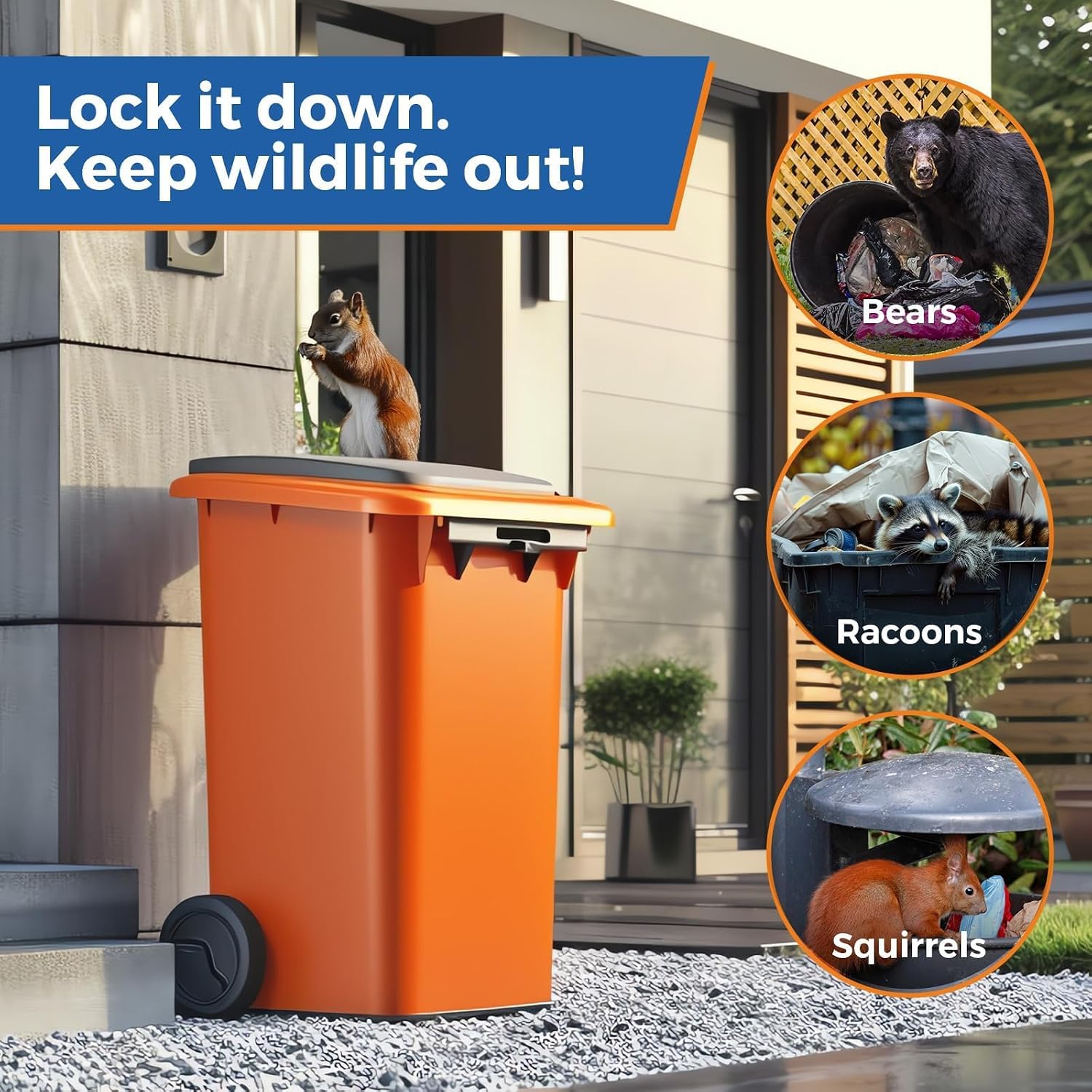 2PCS Heavy-Duty Bear Proof Trash Can Locks - Animal-Proof Garbage Can Lid Straps for 28-96 Gallon Outdoor Bins, Secure Locking Buckle Against Raccoons & Wildlife - Black