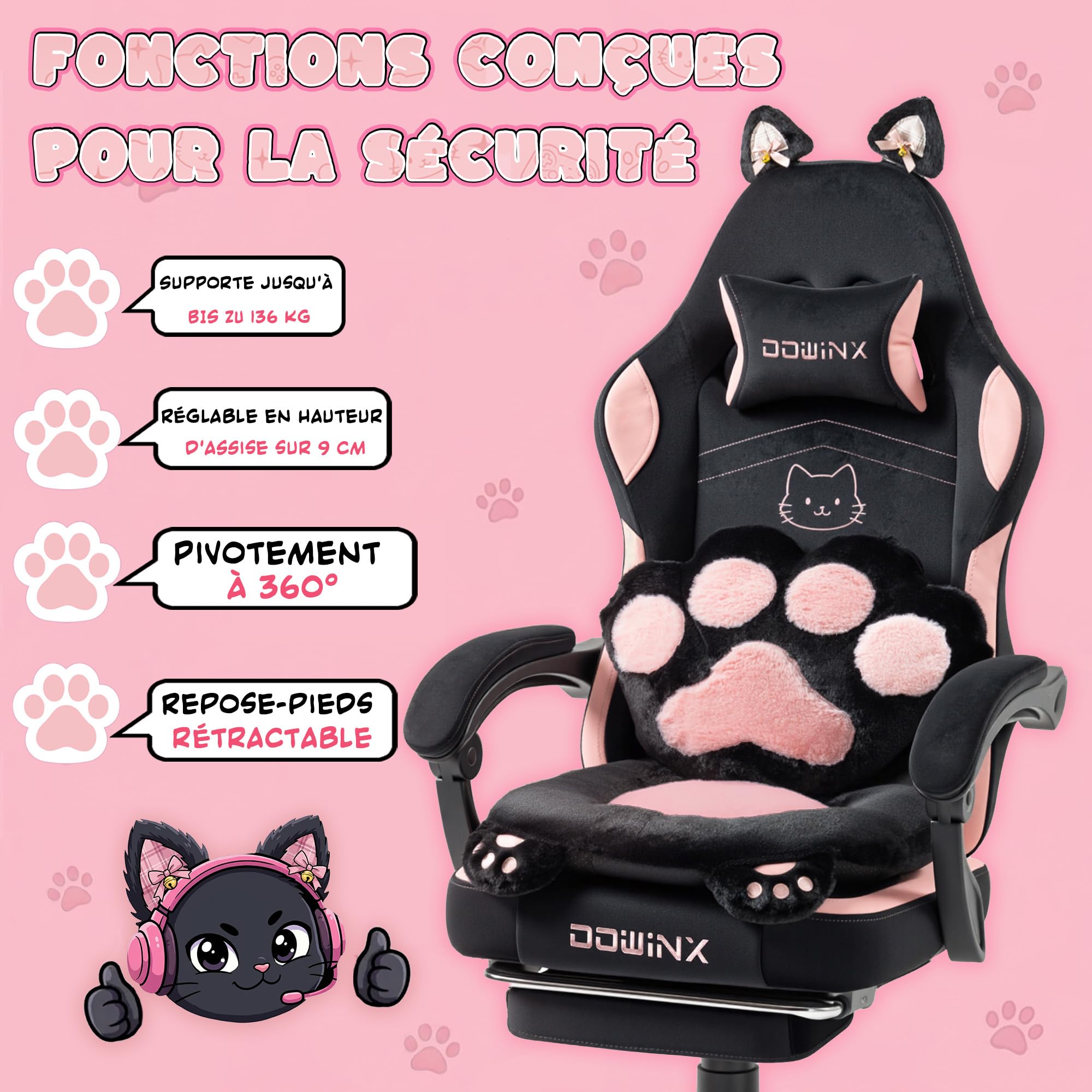 Dowinx Silla Gaming Ergonómica con Reposapiés, Silla Gamer de Terciopelo con Cojín Lumbar y Orejas de Gato, Silla de Oficina para PC y Escritorio, para Mujeres, Adultos y Adolescentes,Negro y Rosa