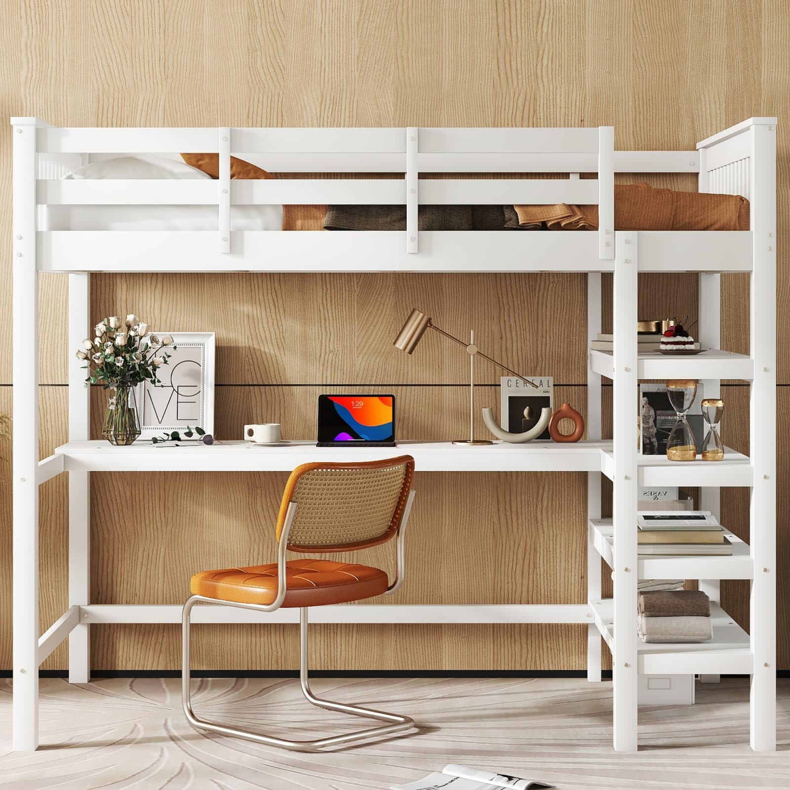 KOMHTOM Lit en Mezzanine en Bois avec Compartiments de Rangement, Cadre de Lit avec Bureau sous Le lit, Support à Lattes, Chambres à Coucher, Pin(sans Matelas) (Blanc-90x200cm)
